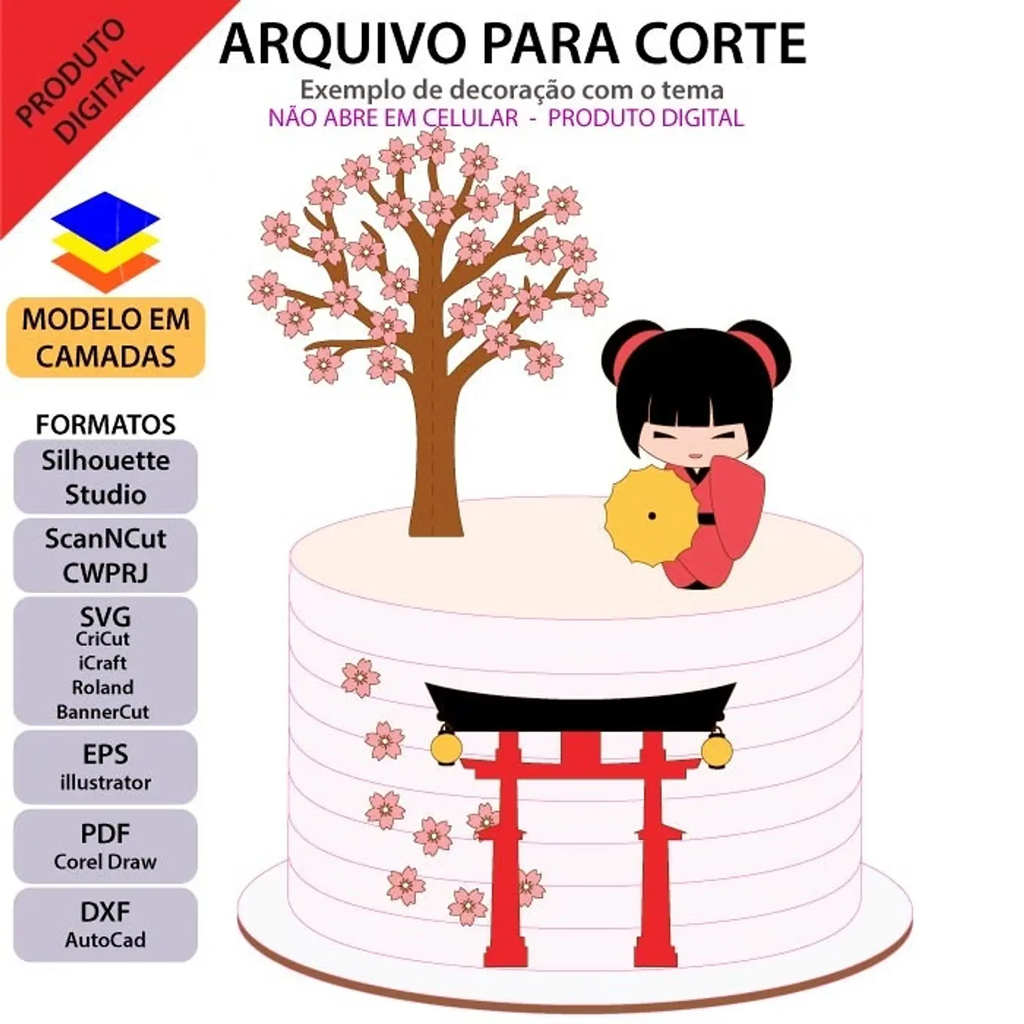 Arquivo de Corte Topo de Bolo Japão Kokeshi Sakura 7 1