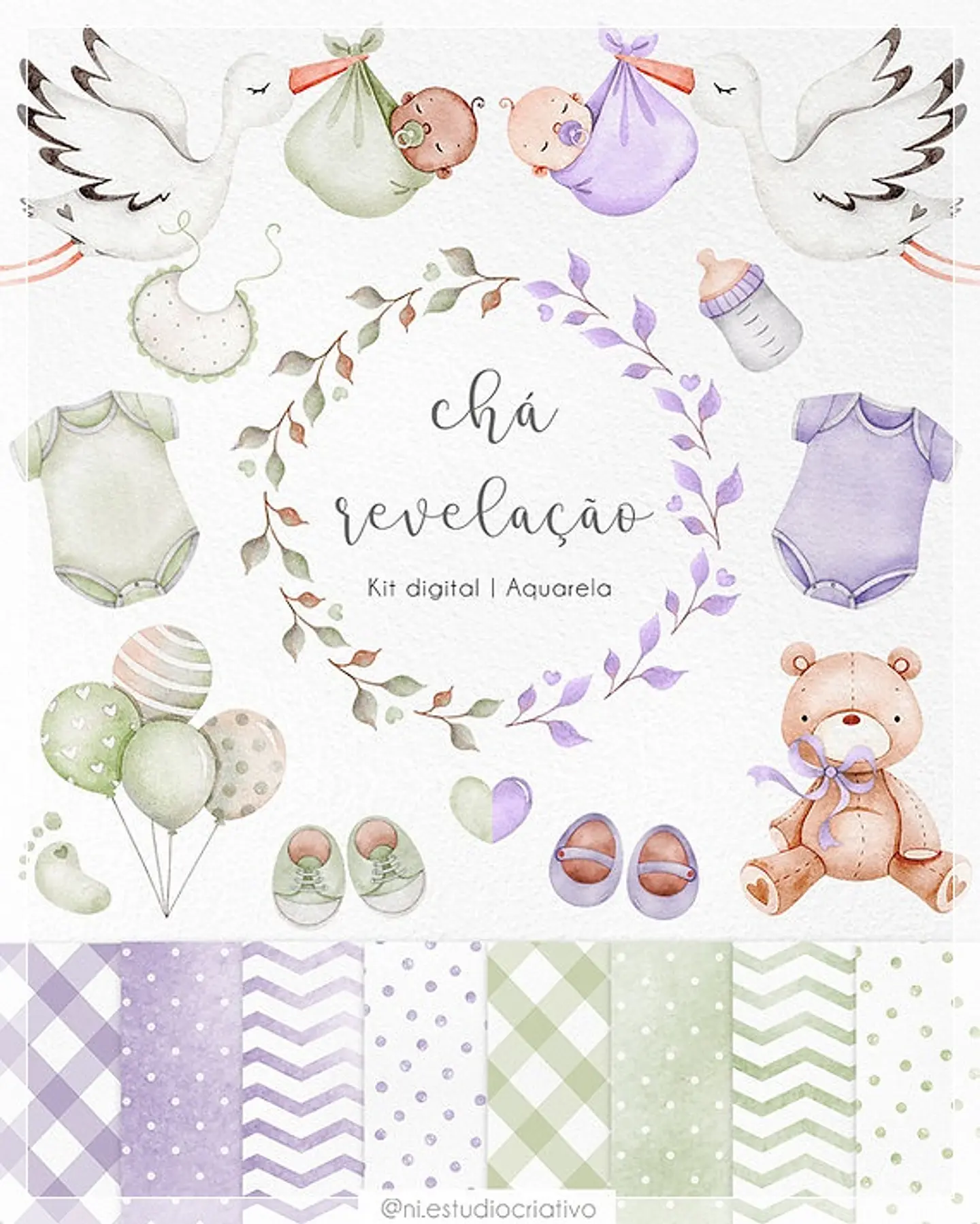 Kit Digital Chá Revelação Aquarela 55 1