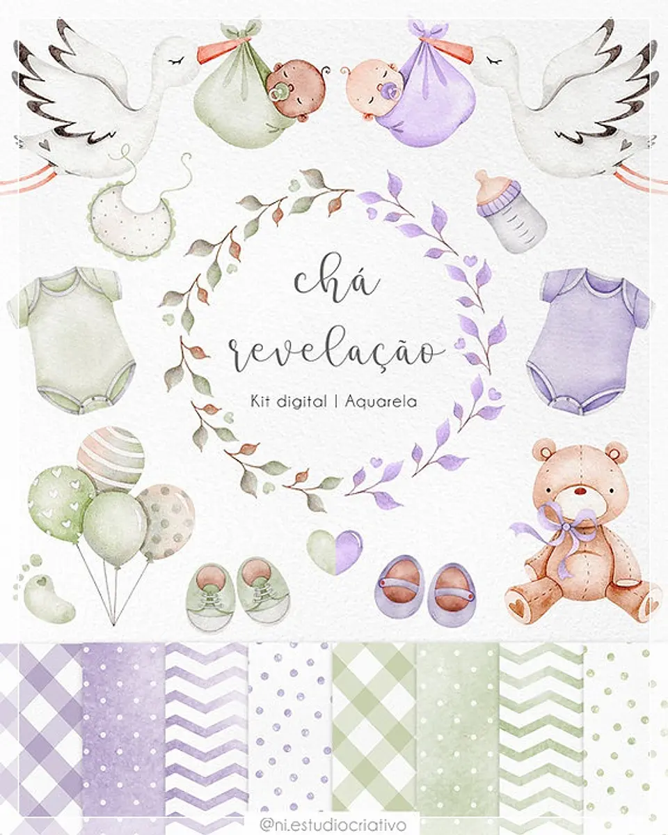 Kit Digital Chá Revelação Aquarela 55 1