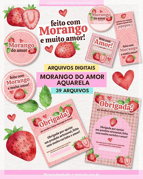 Kit Digital Morango do Amor Aquarela Embalagens de Papelaria 22