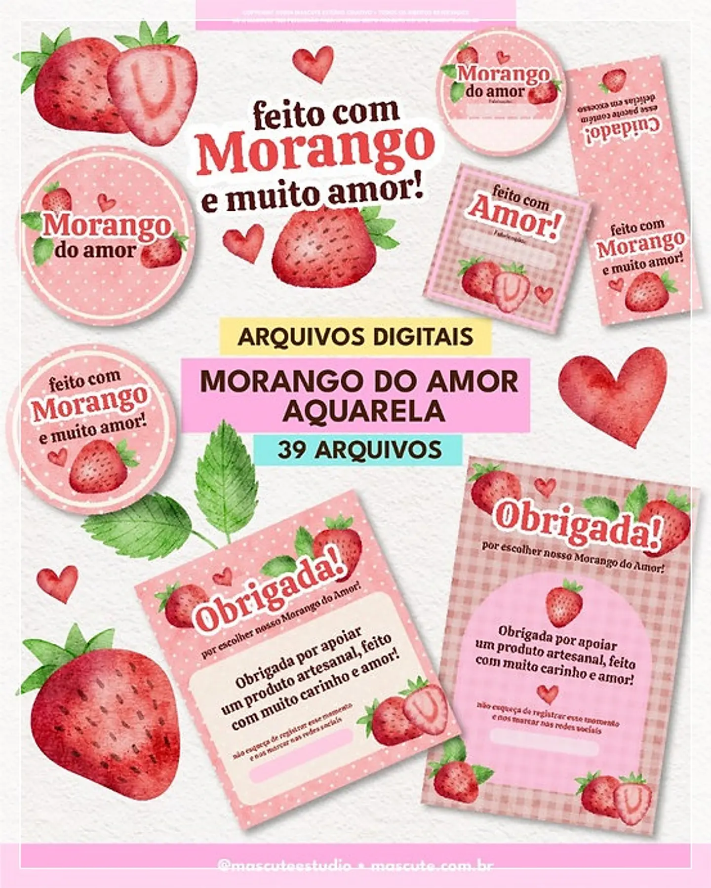 Kit Digital Morango do Amor Aquarela Embalagens de Papelaria 22 1
