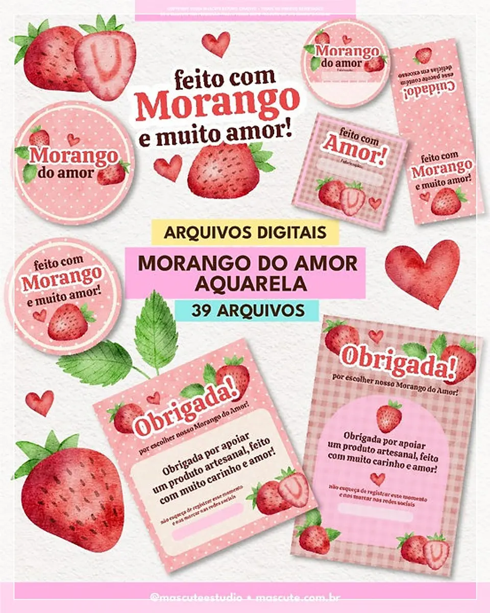 Kit Digital Morango do Amor Aquarela Embalagens de Papelaria 22 1