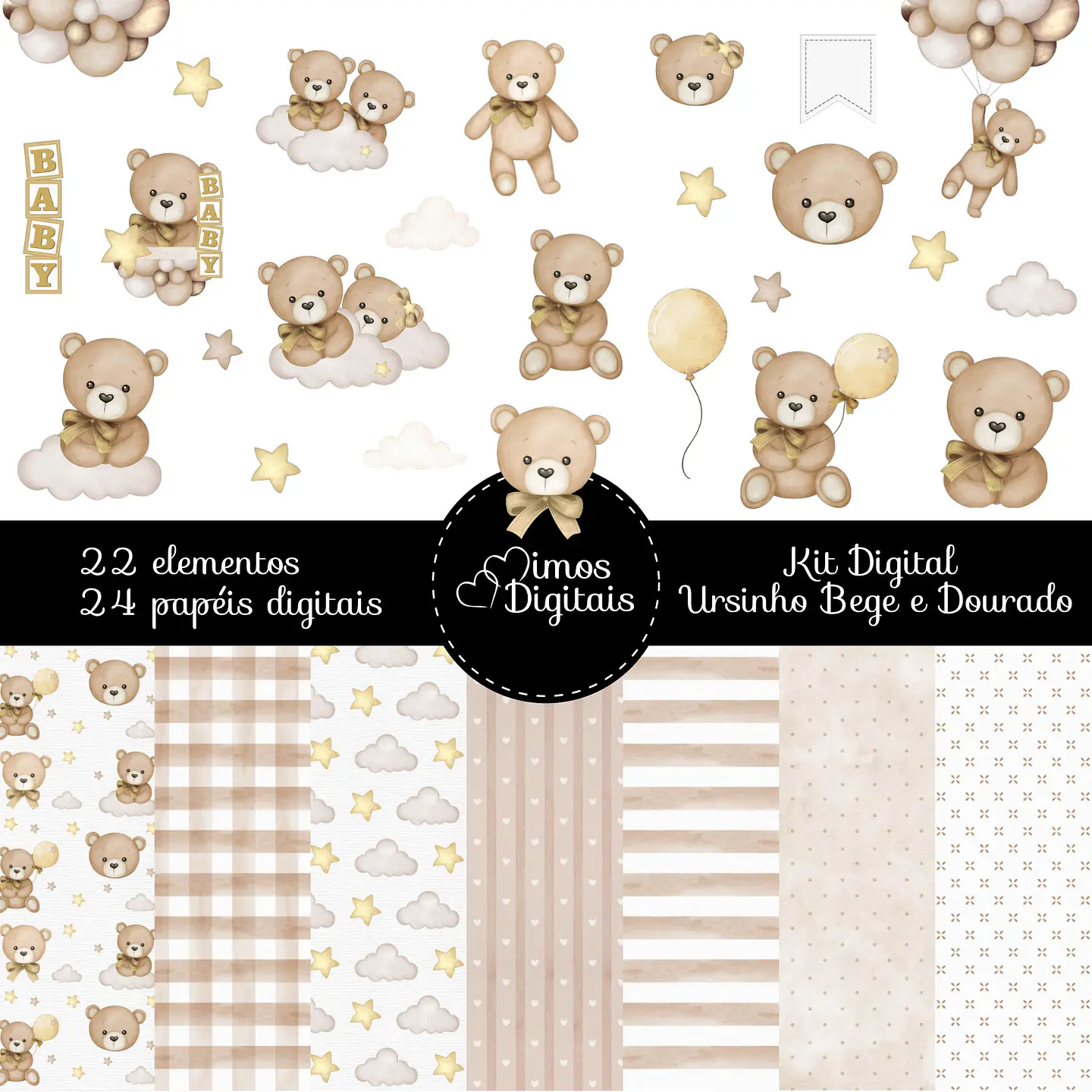 Kit Digital Ursinho Bege com Dourado 1 1