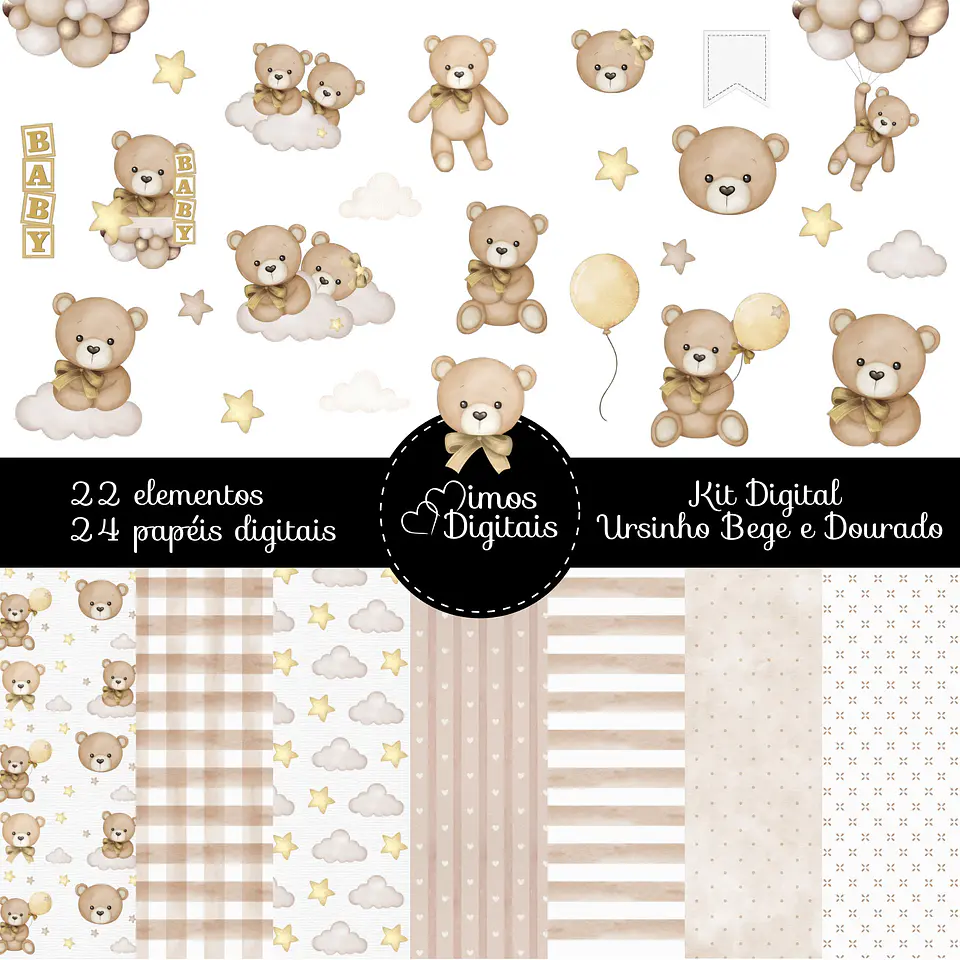 Kit Digital Ursinho Bege com Dourado 1 1