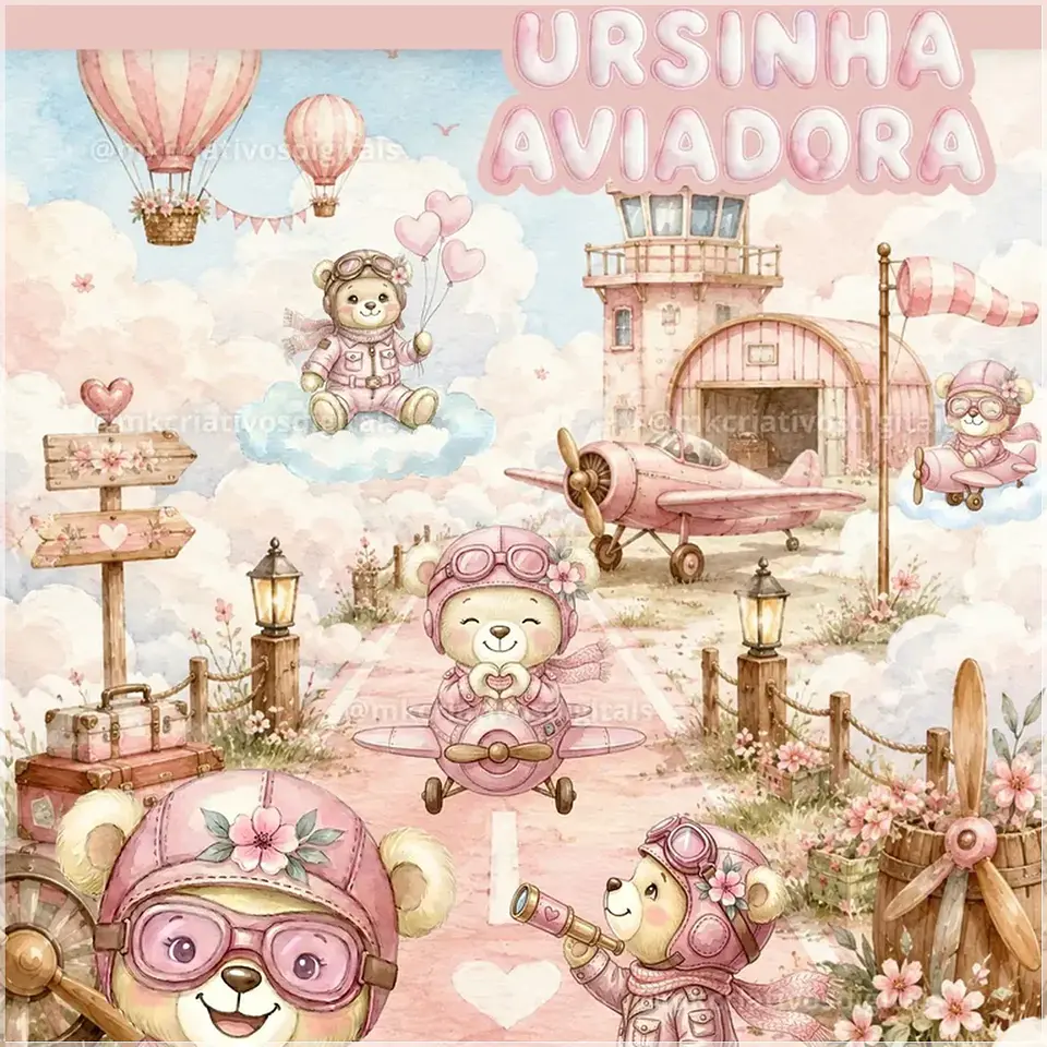 Kit Digital Ursinha Aviadora Rosa 148 1
