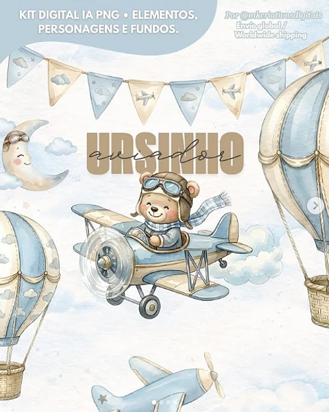 Kit Digital Ursinho Aviador Aquarela 138