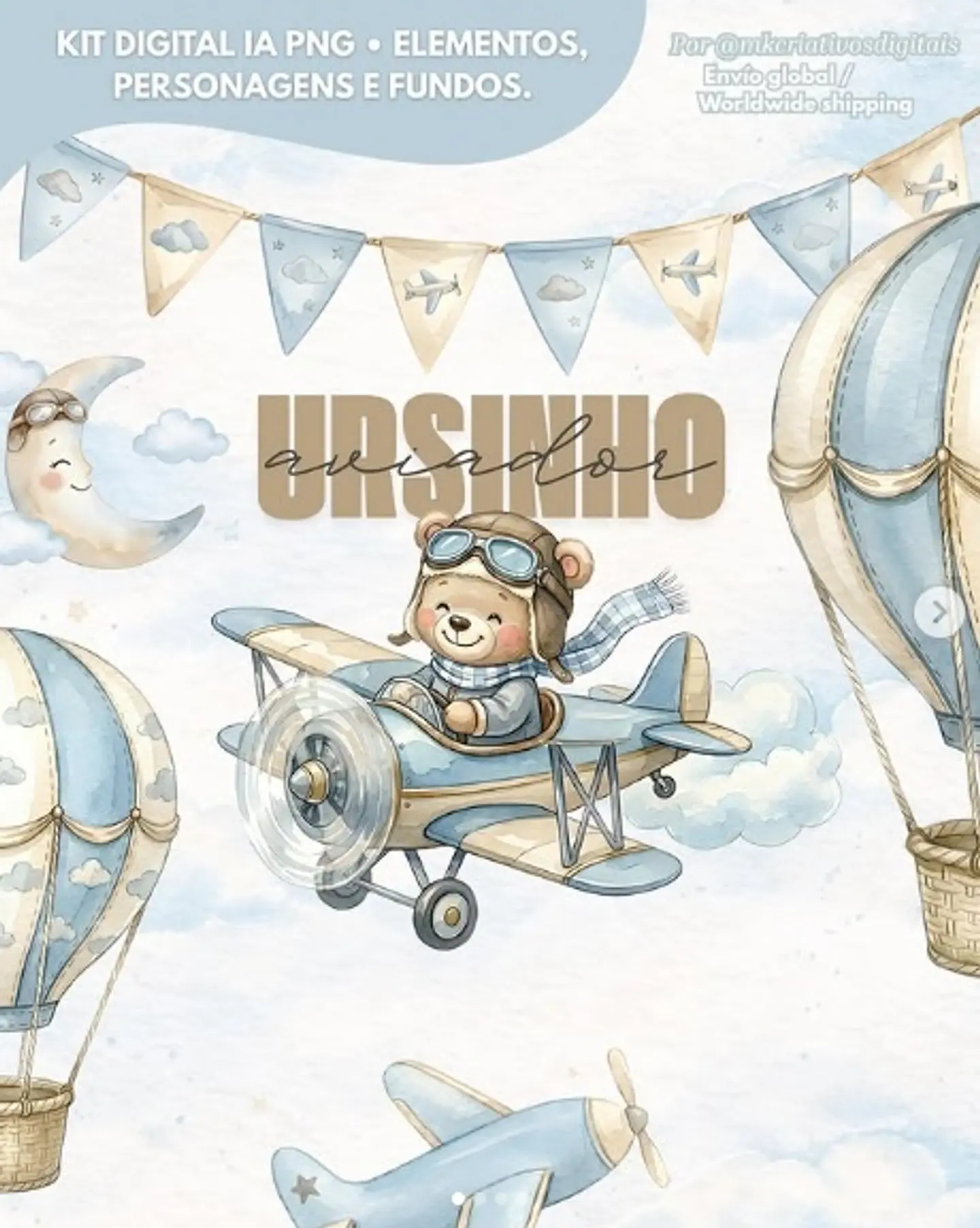 Kit Digital Ursinho Aviador Aquarela 138 1
