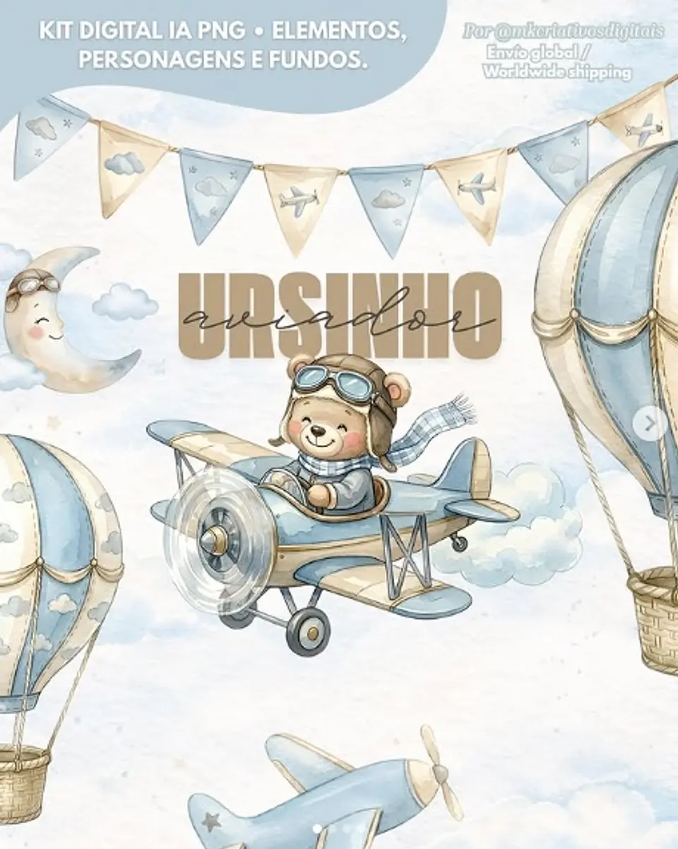 Kit Digital Ursinho Aviador Aquarela 138 1