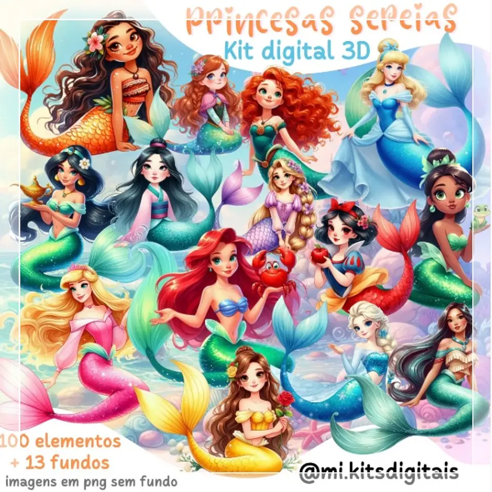 Kit Digital Princesas Sereias Aquarela 73 1