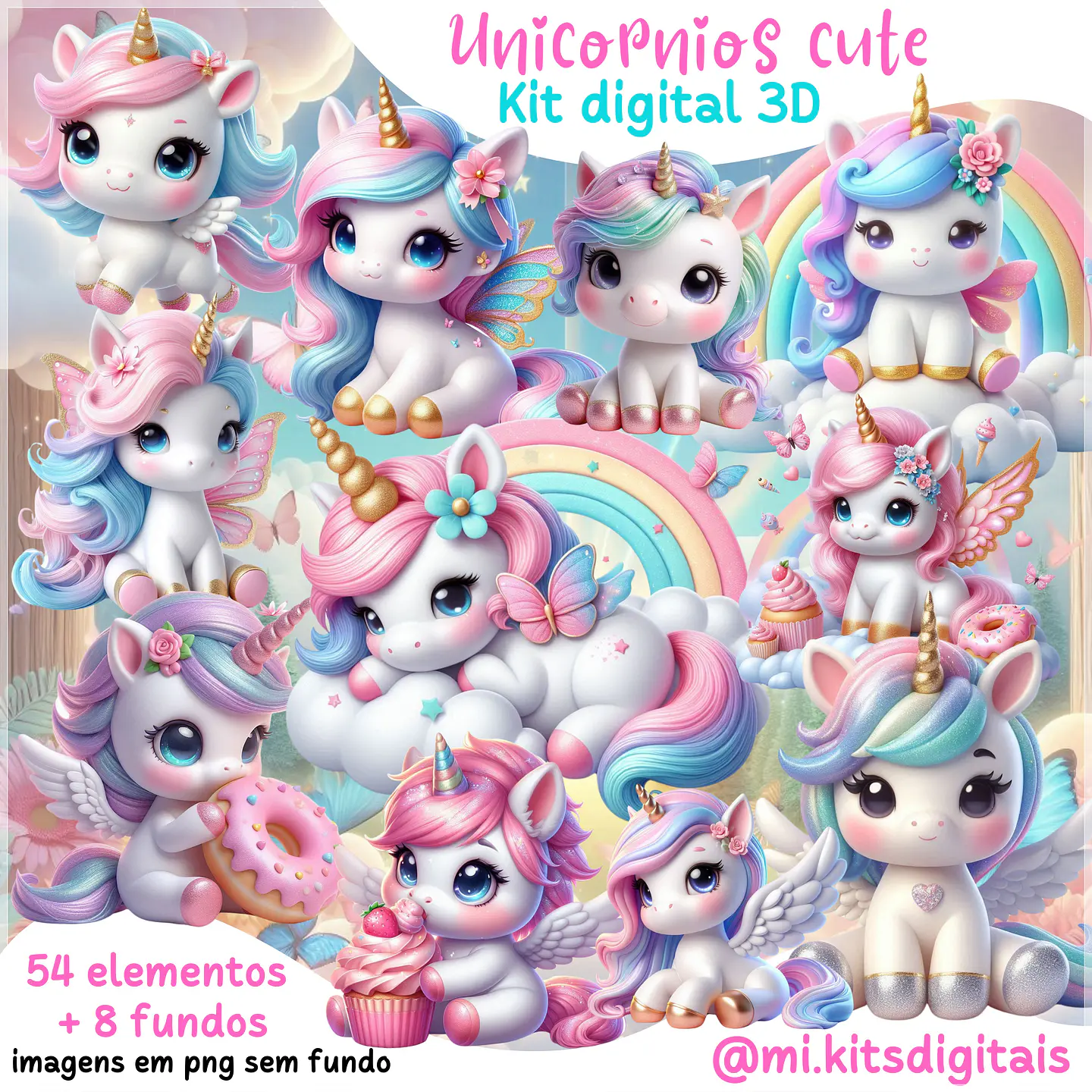 Kit Digital Unicórnio Cute 3d 86 1