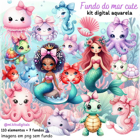 Kit Digital Fundo do Mar Cute Aquarela 34