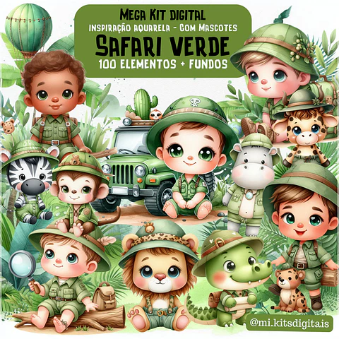 Kit Digital Safari Verde Aquarela 77