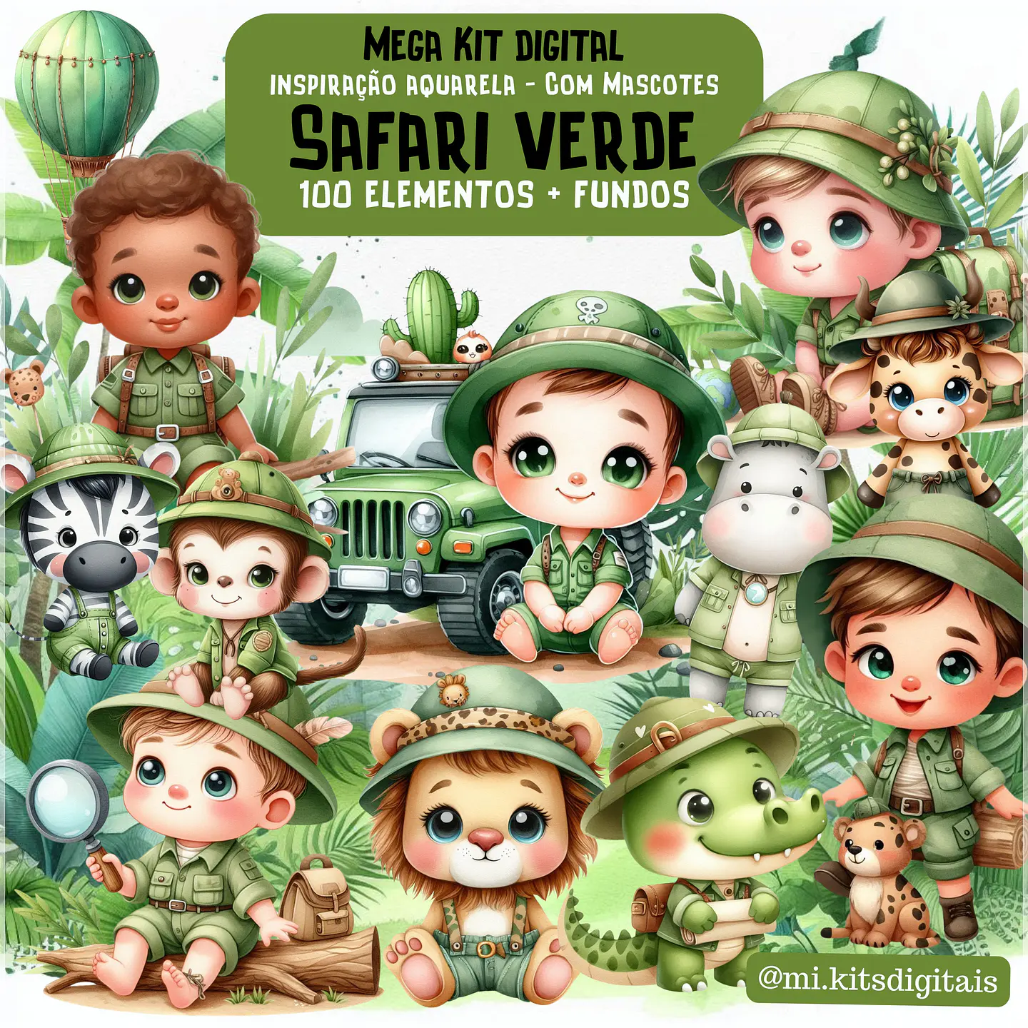 Kit Digital Safari Verde Aquarela 77 1