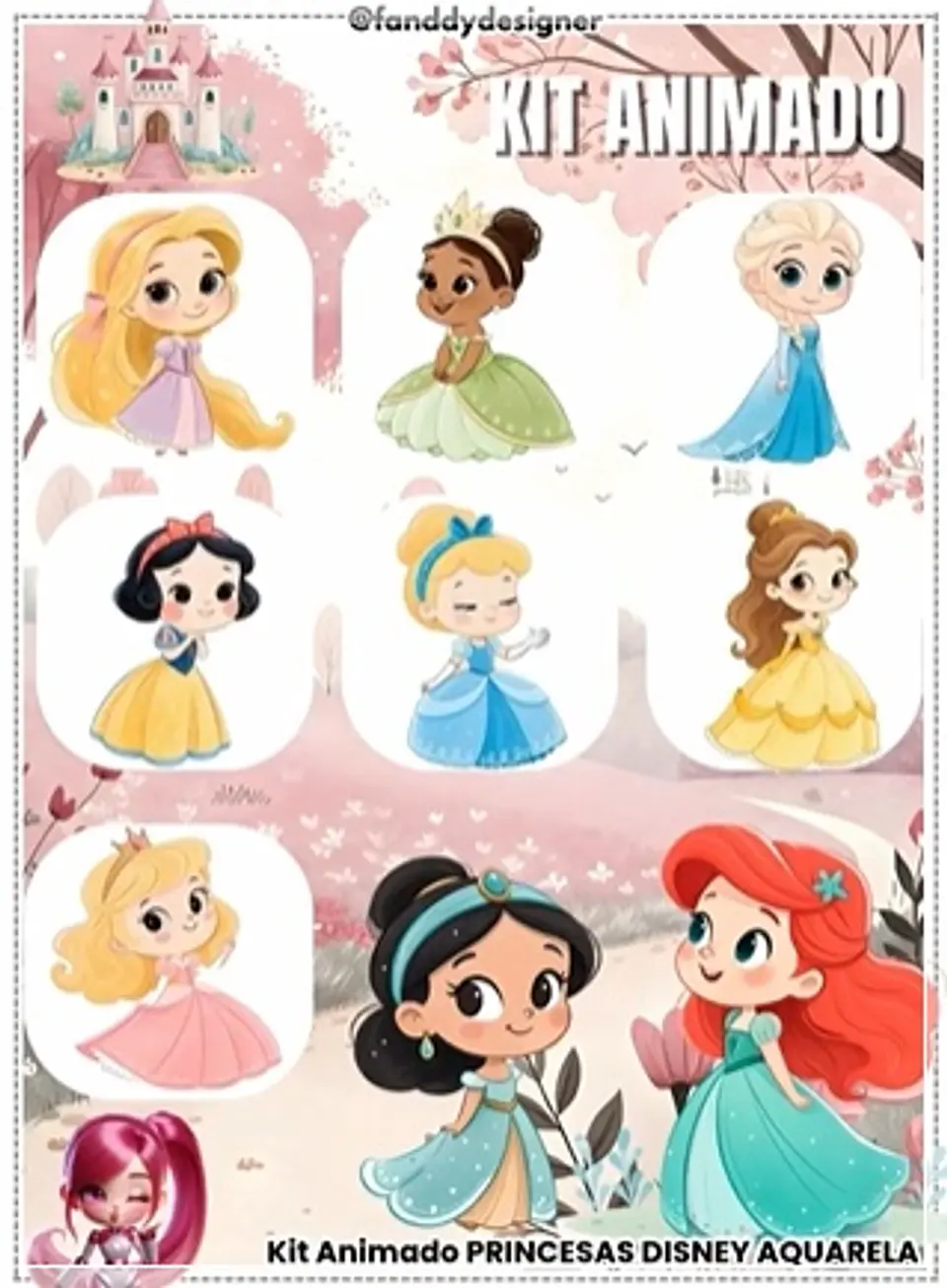 Kit Digital Animado Princesas Disney Aquarela 24 1
