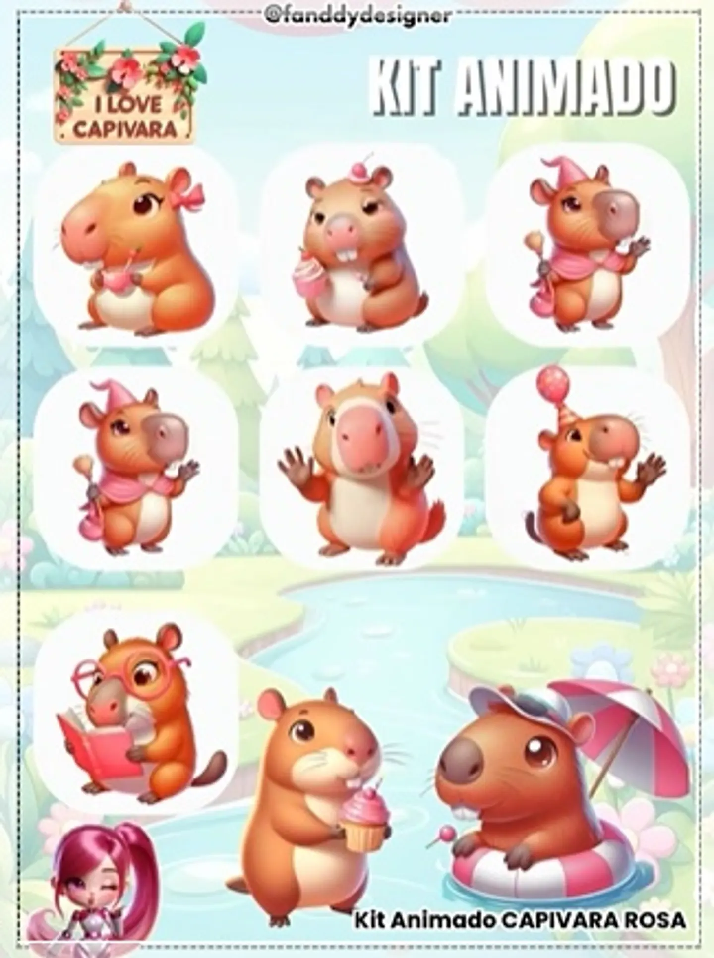 Kit Digital Animado Capivara Rosa Animado 8 1