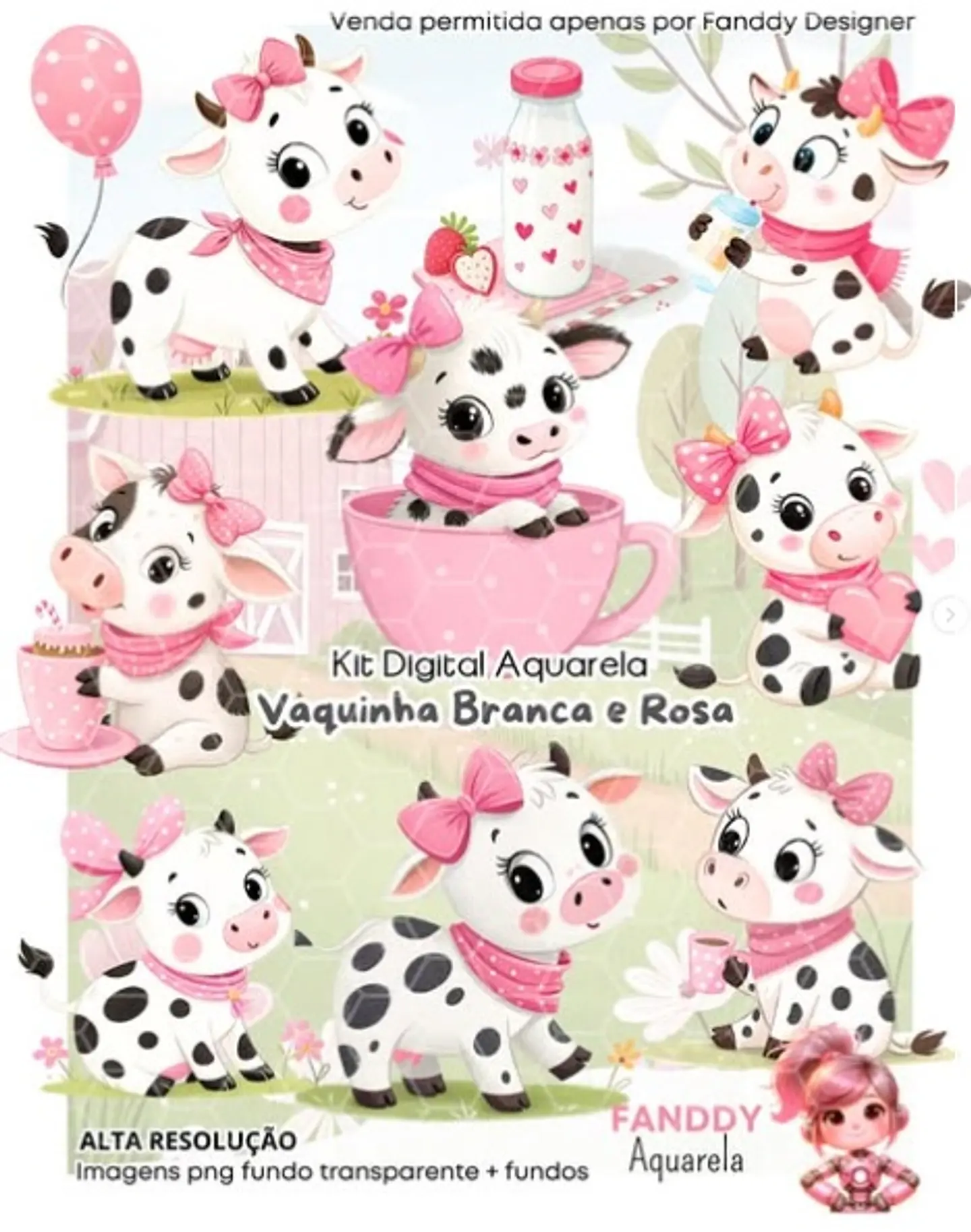 Kit Digital Vaquinha Branca e Rosa 341 1