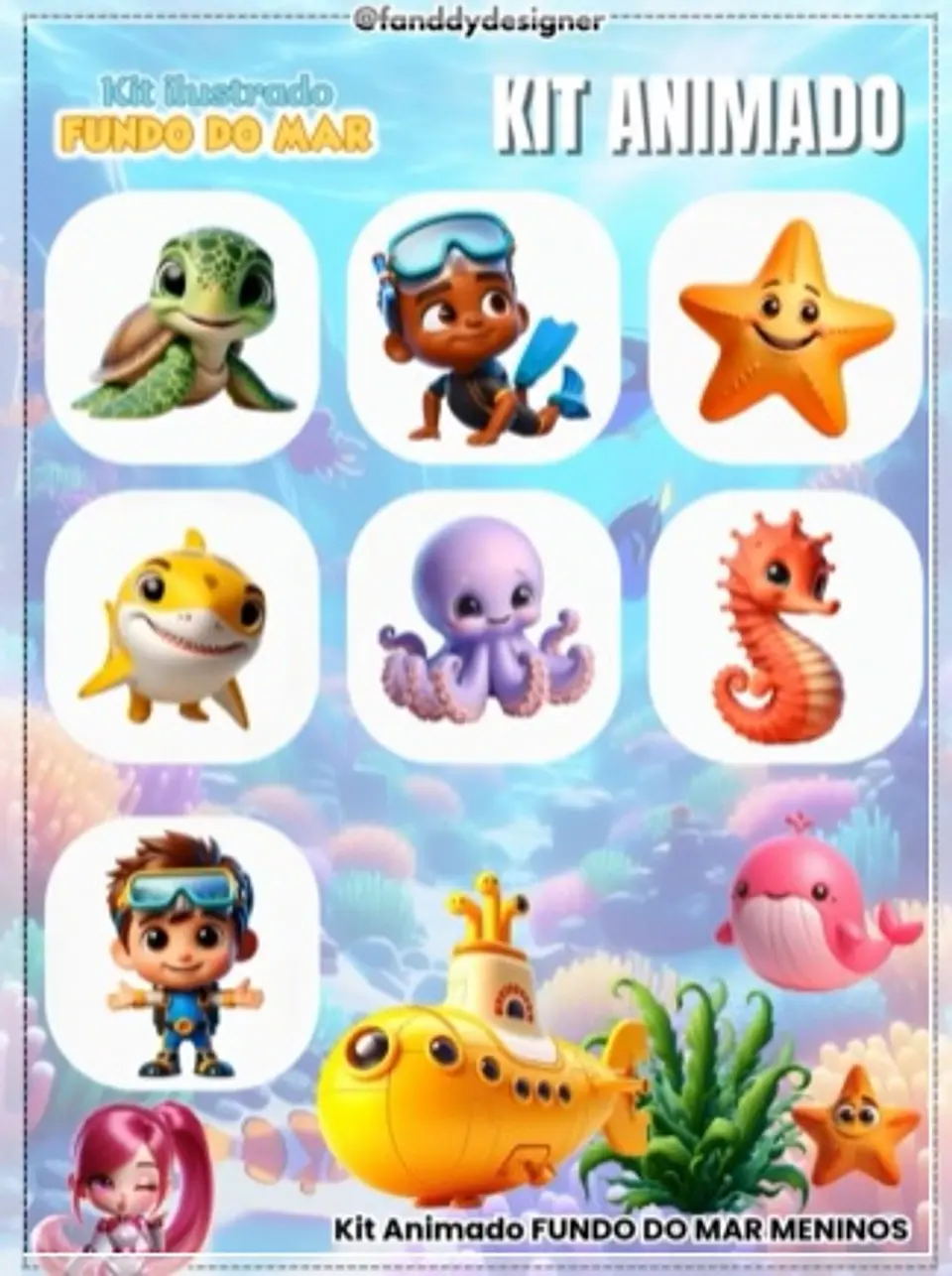 Kit Digital Animado Fundo do Mar 3d 12 1