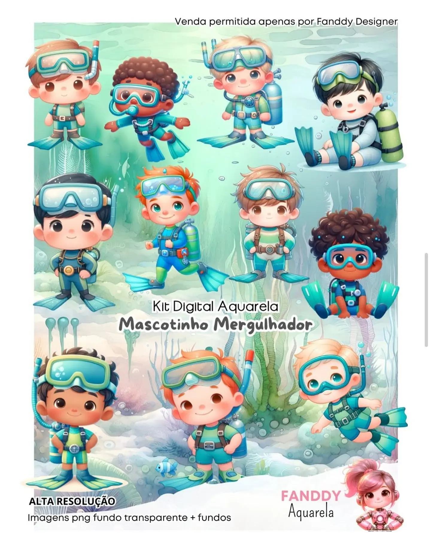 Kit Digital Mergulhador Mascotinho Aquarela 203 1