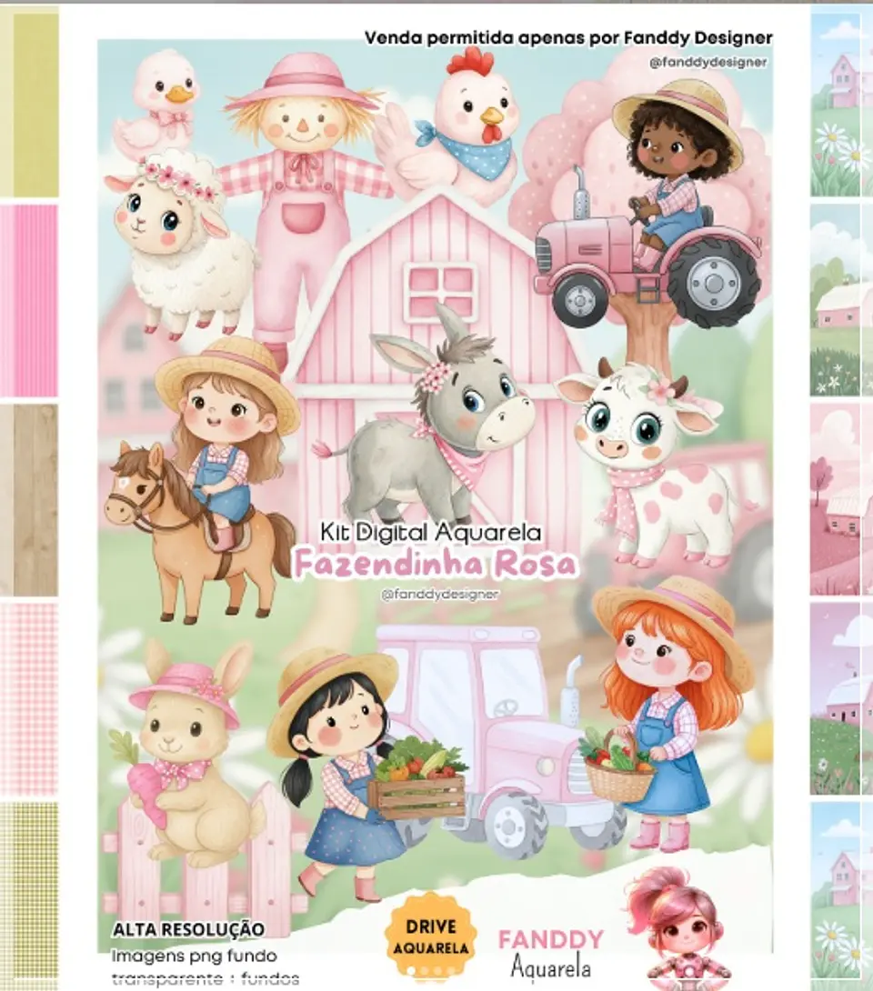 Kit Digital Fazendinha Rosa Aquarela 132 1