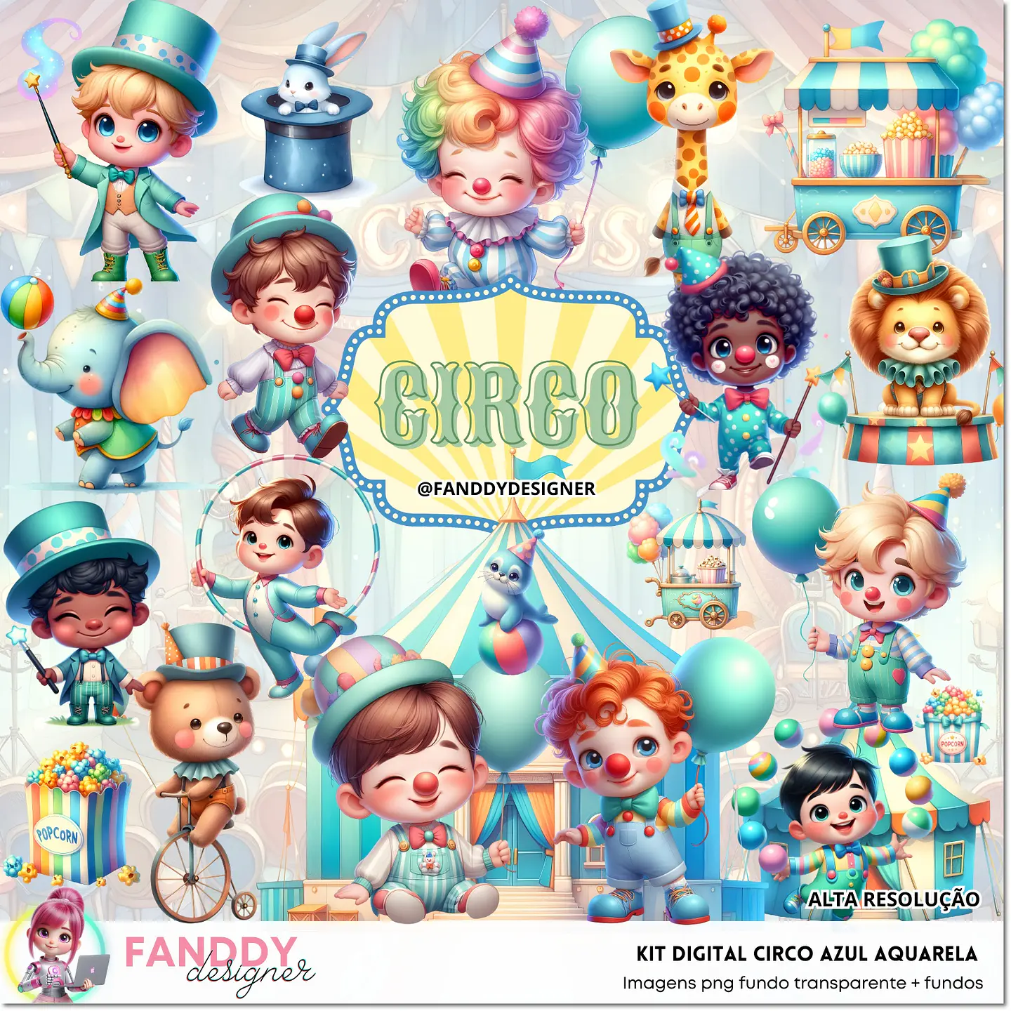Kit Digital Circo Azul Aquarela 78 1