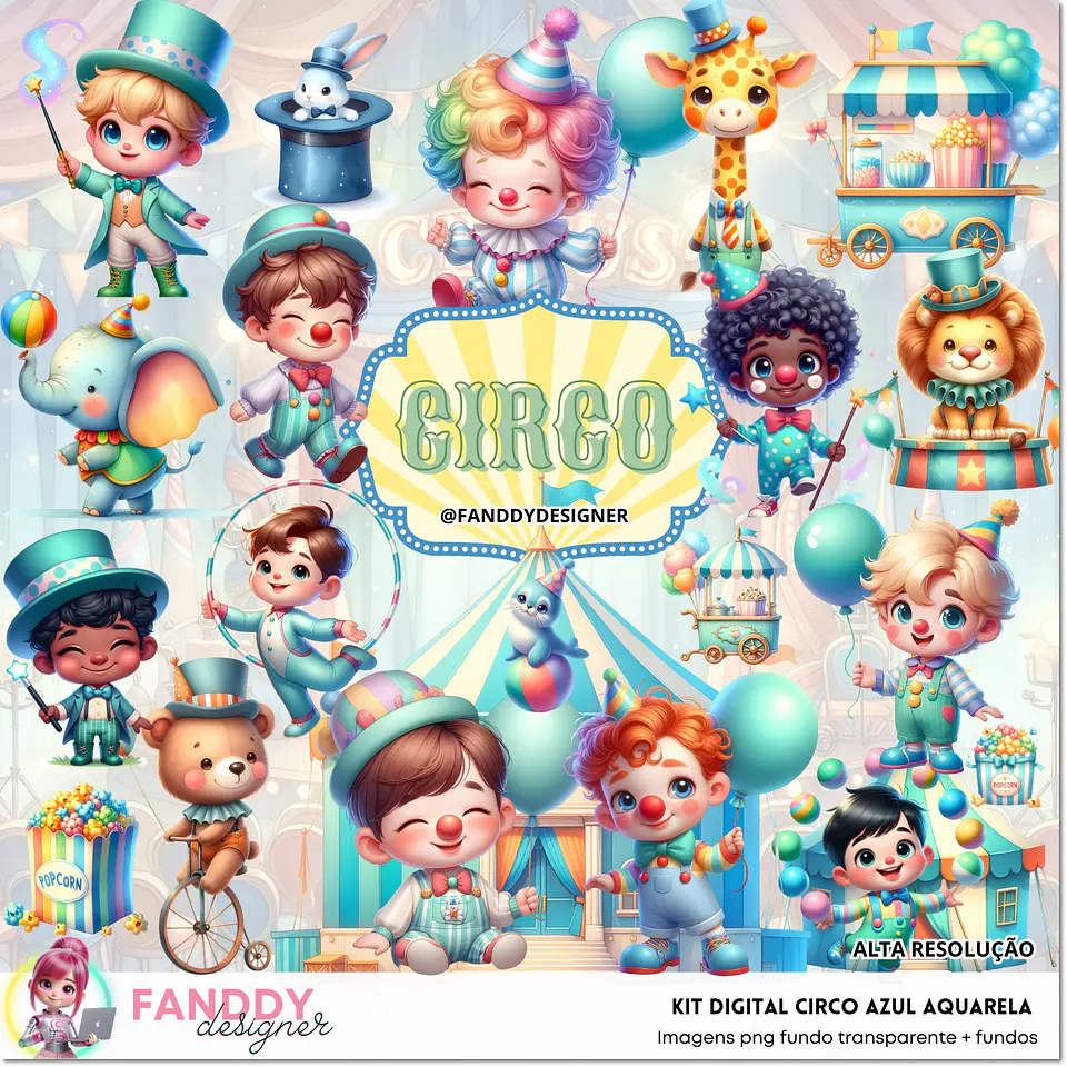 Kit Digital Circo Azul Aquarela 78 1