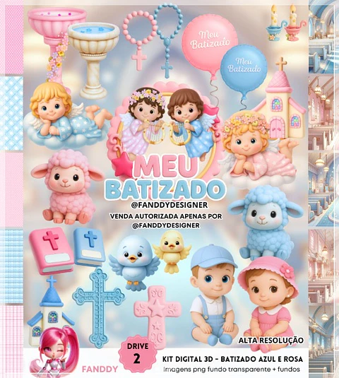 Kit Digital Batizado Azul e Rosa 3d 33