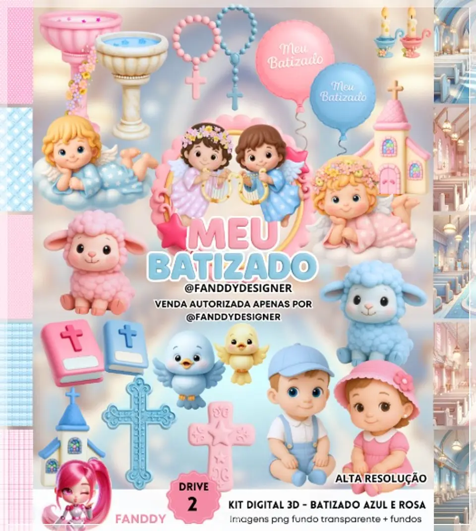 Kit Digital Batizado Azul e Rosa 3d 33 1