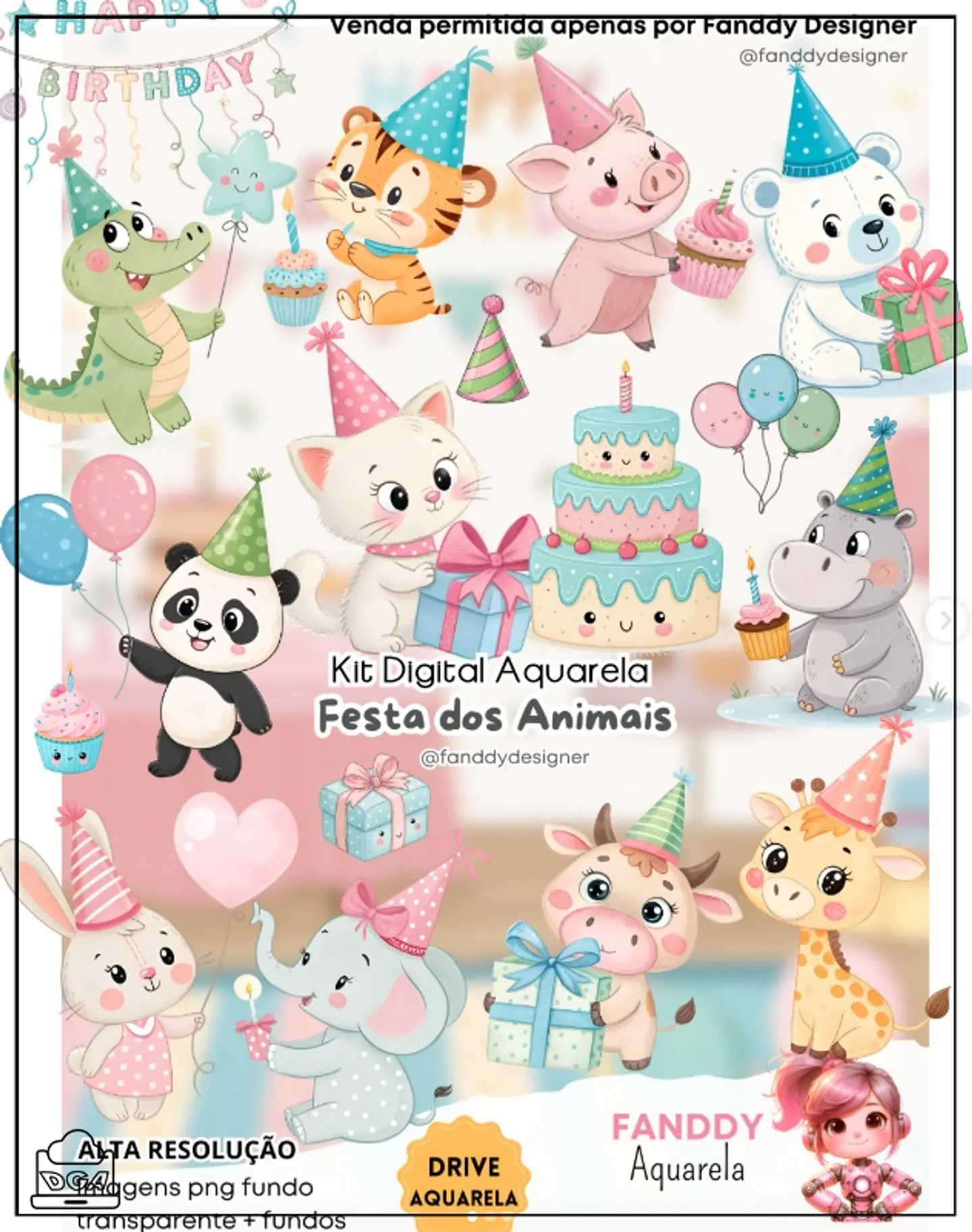 Kit Digital Festa dos Animais Aquarela 138 1