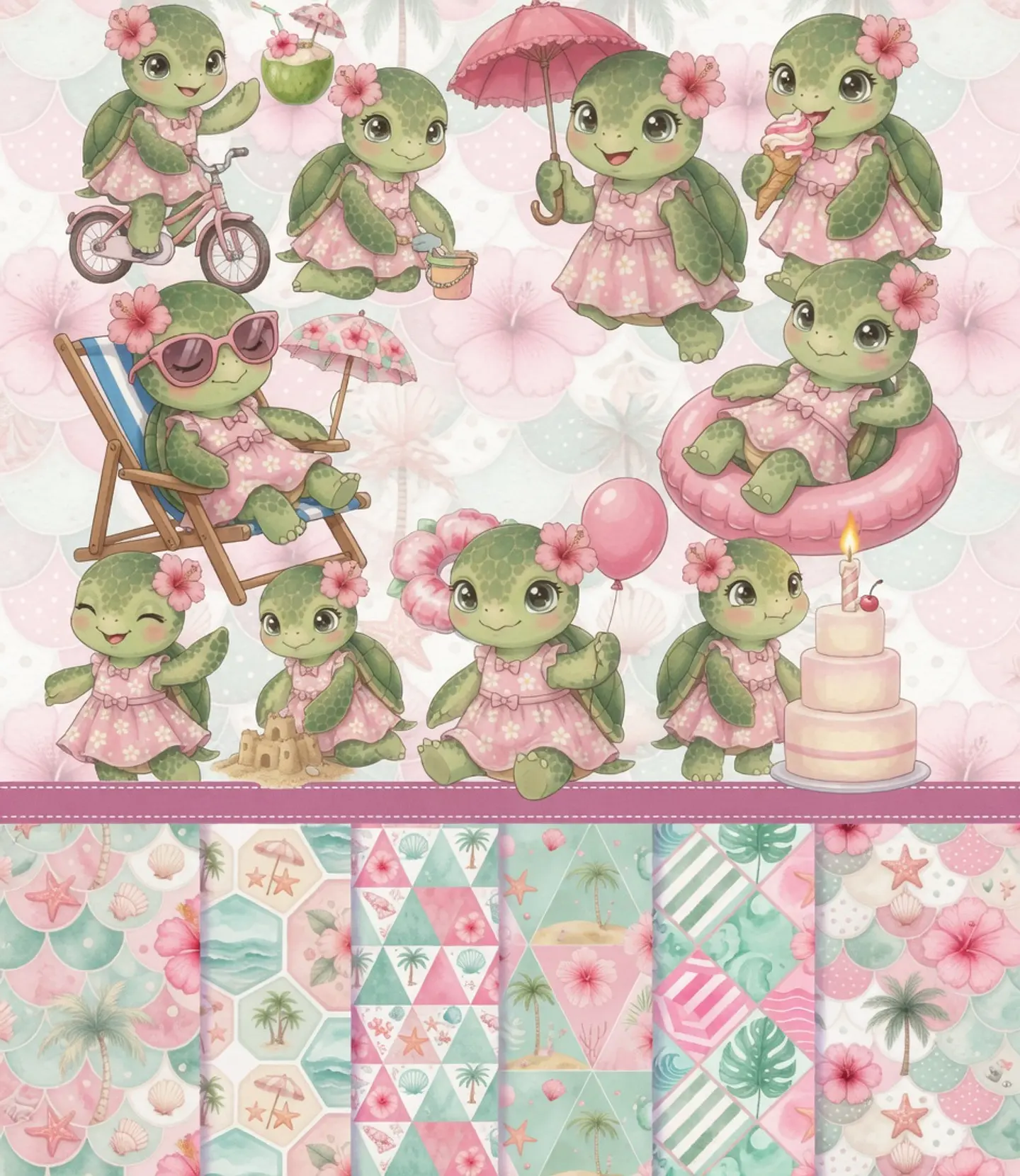 Kit Digital Tartaruga Tartaruguinha Verde e Rosa 20 1