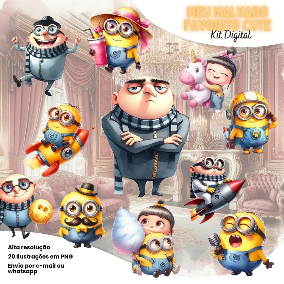 Kit Digital Meu Malvado Favorito Cute Minions (Aquarela) 64 1