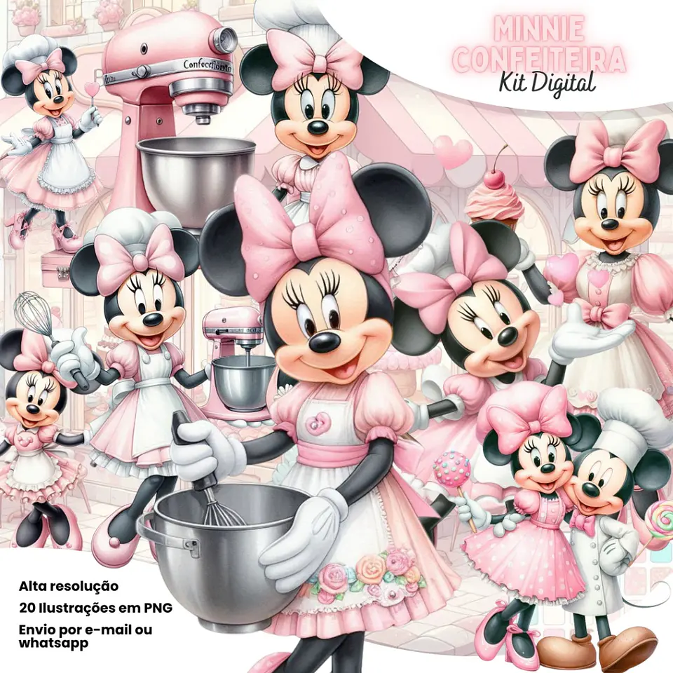 Kit Digital Minnie Confeiteira Rosa (Aquarela) 71 1