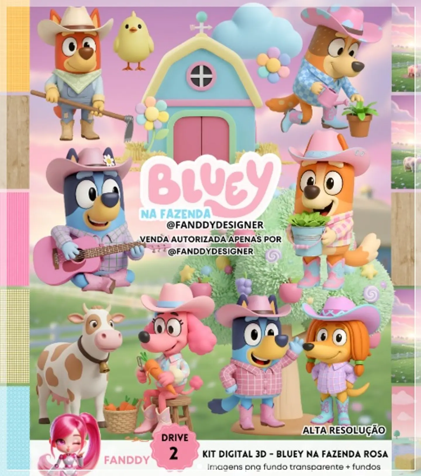 Kit Digital Bluey Na Fazenda Rosa 3d 42 1