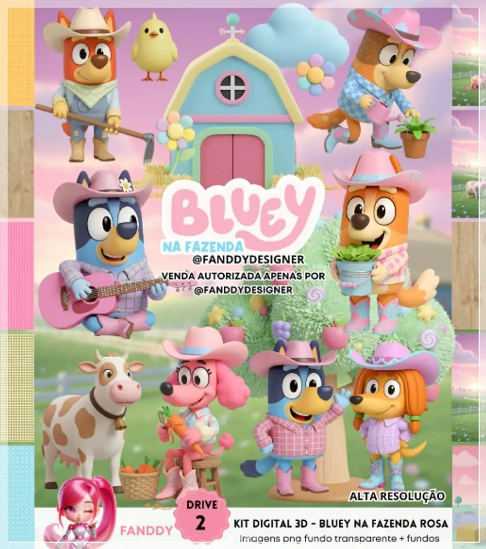 Kit Digital Bluey Na Fazenda Rosa 3d 42 1