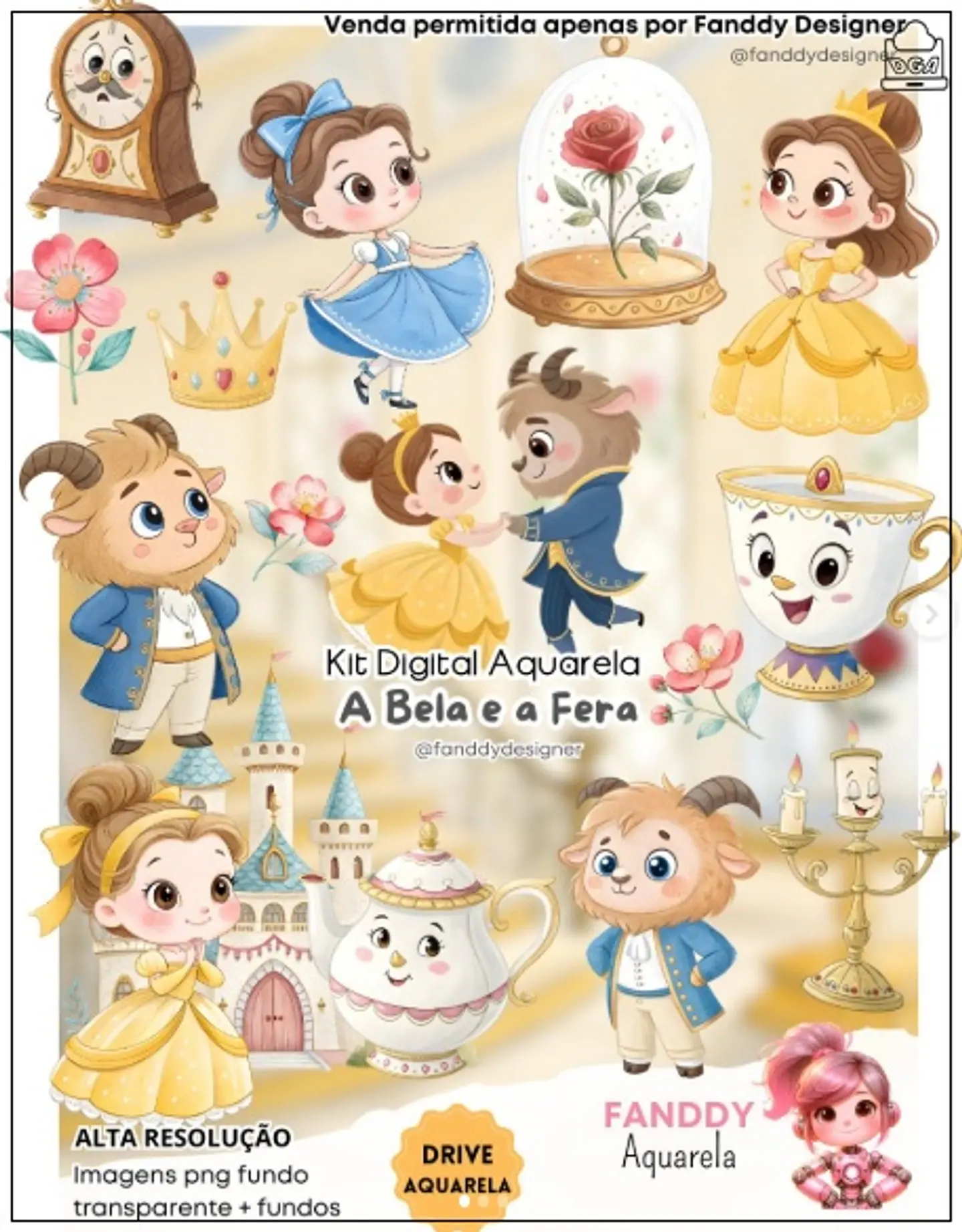 Kit Digital A Bela e a Fera Aquarela 4 1