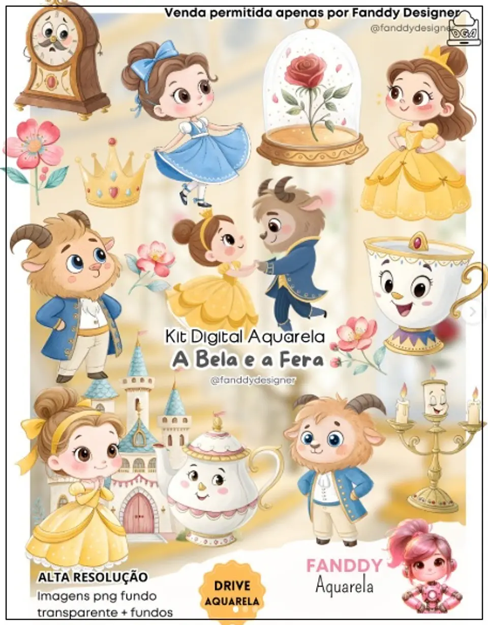 Kit Digital A Bela e a Fera Aquarela 4 1