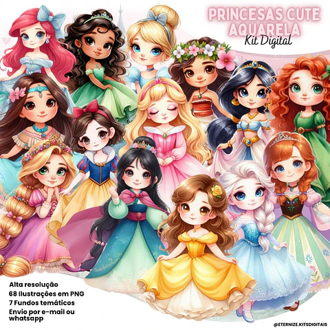 Kit Digital Princesas Disney Cute Aquarela 90