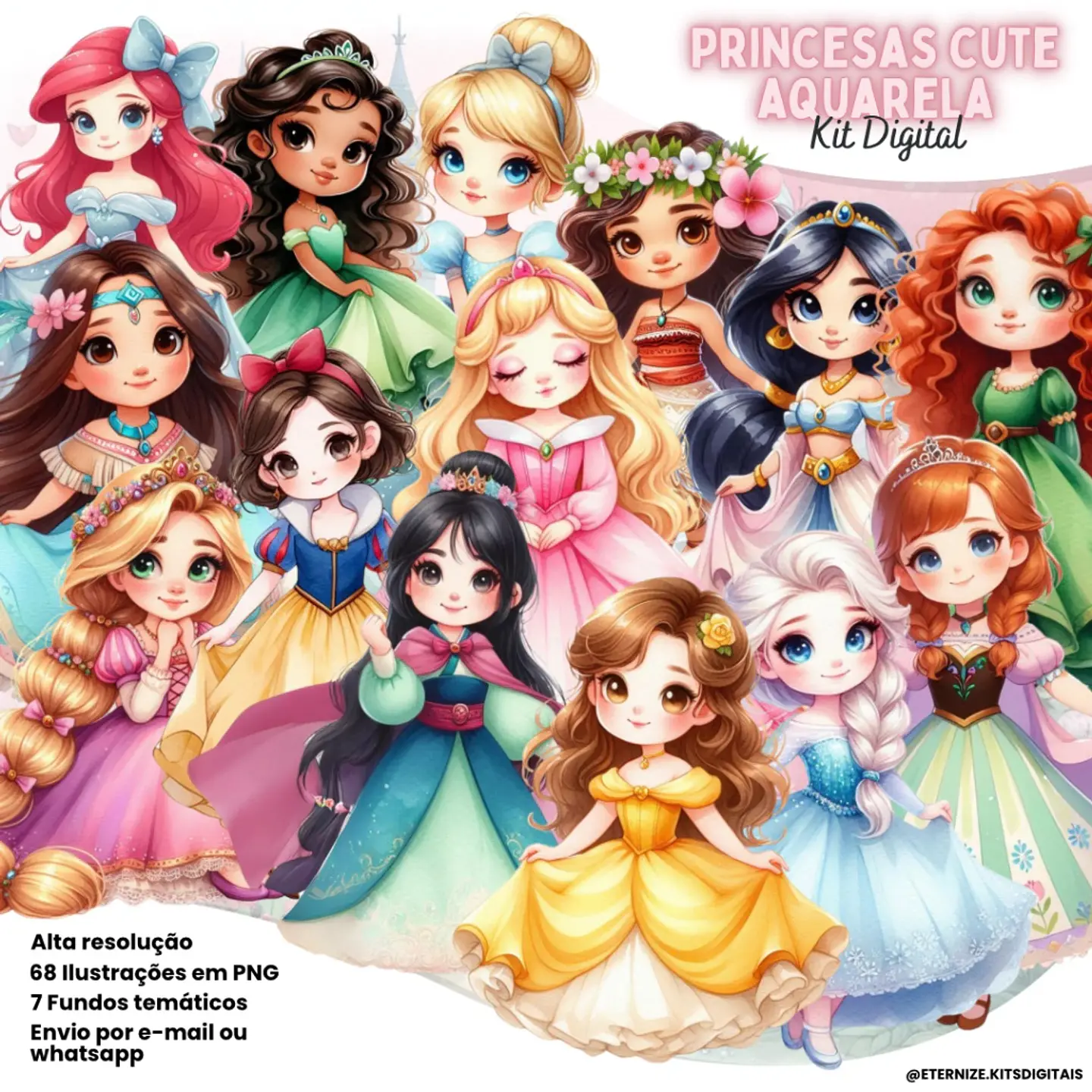 Kit Digital Princesas Disney Cute Aquarela 90 1