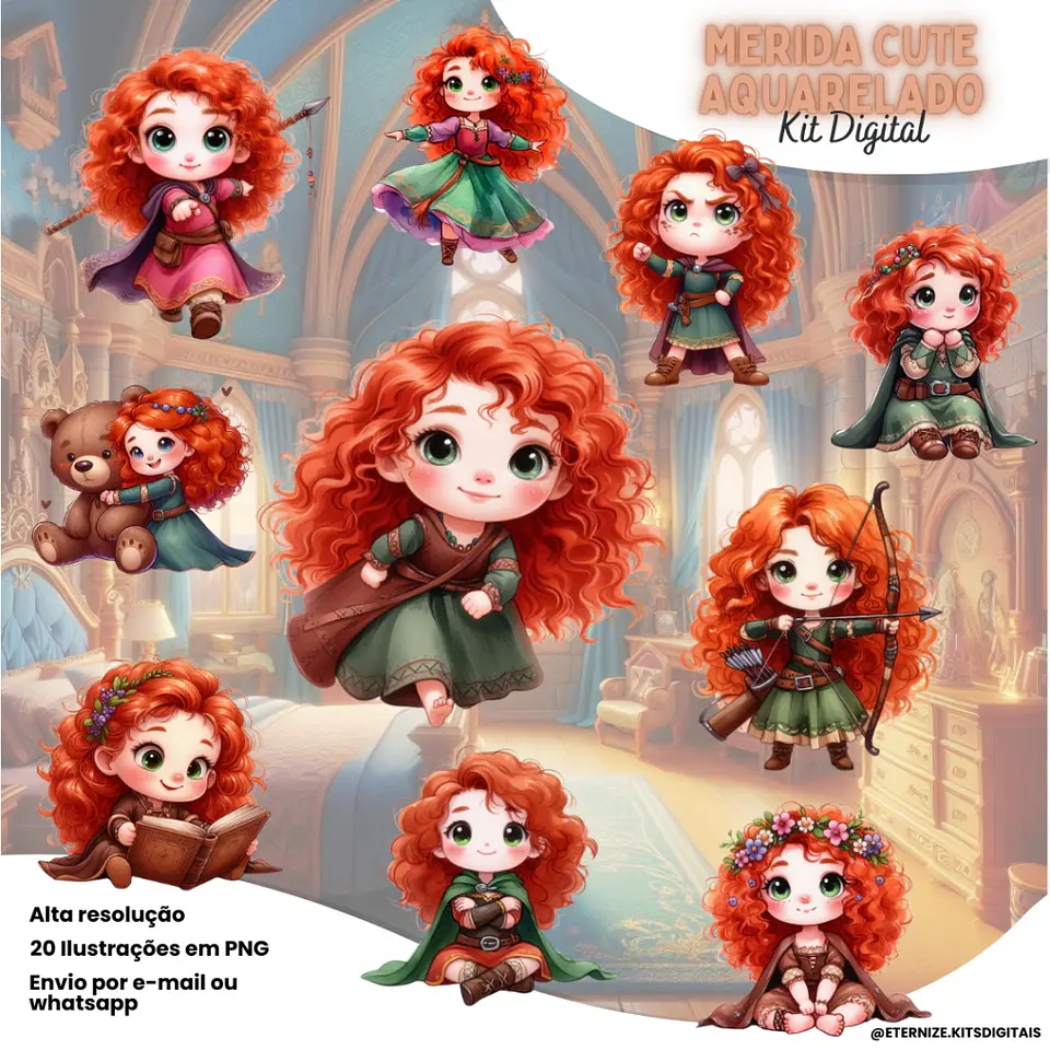 Kit Digital Princesa Valente Merida Cute (Aquarela) 88 1