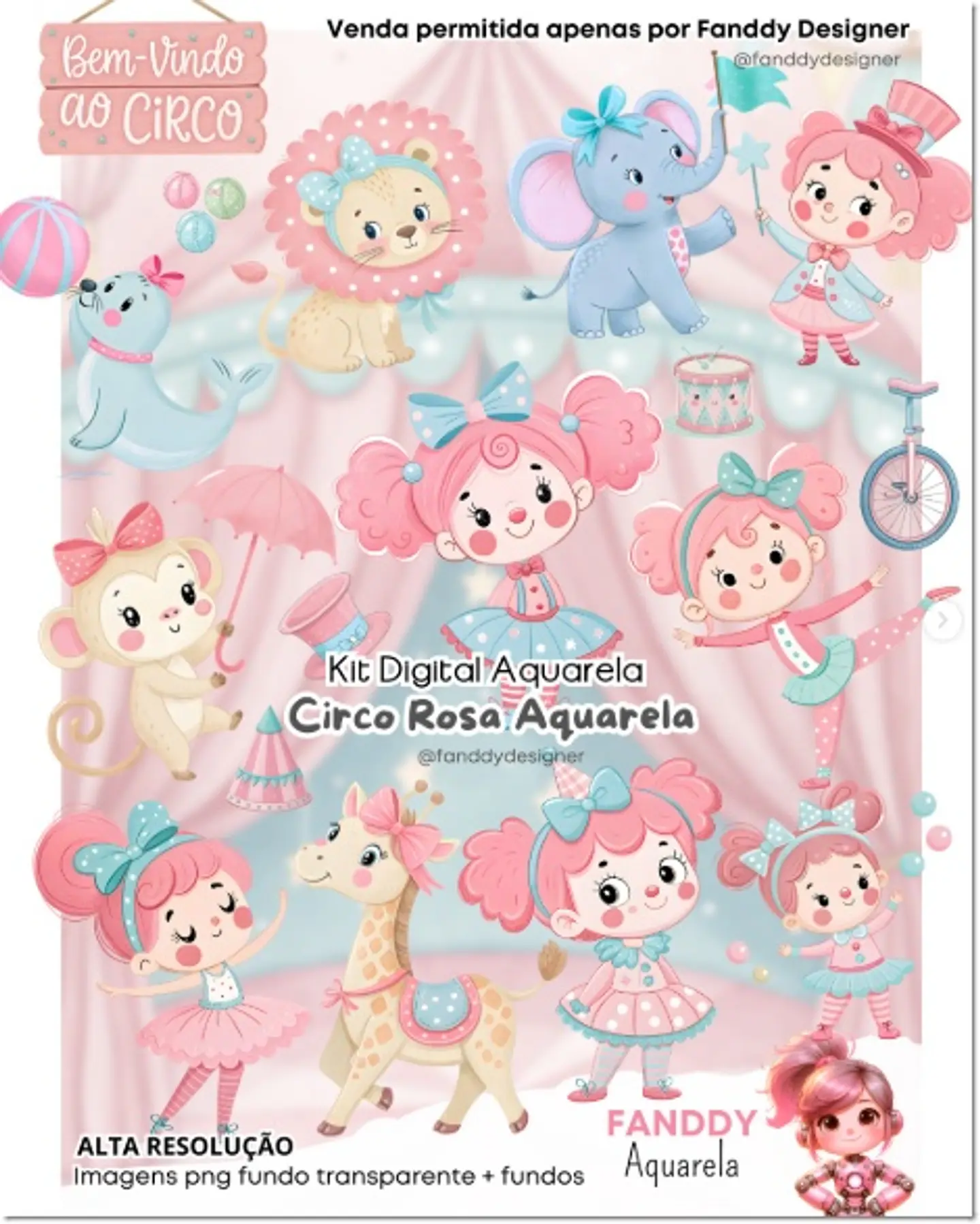 Kit Digital Circo Rosa Aquarela 80 1