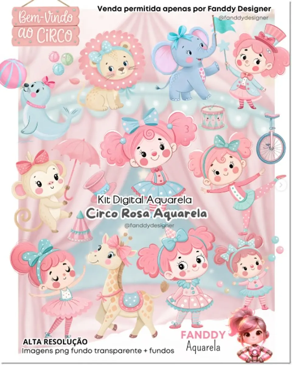 Kit Digital Circo Rosa Aquarela 80 1