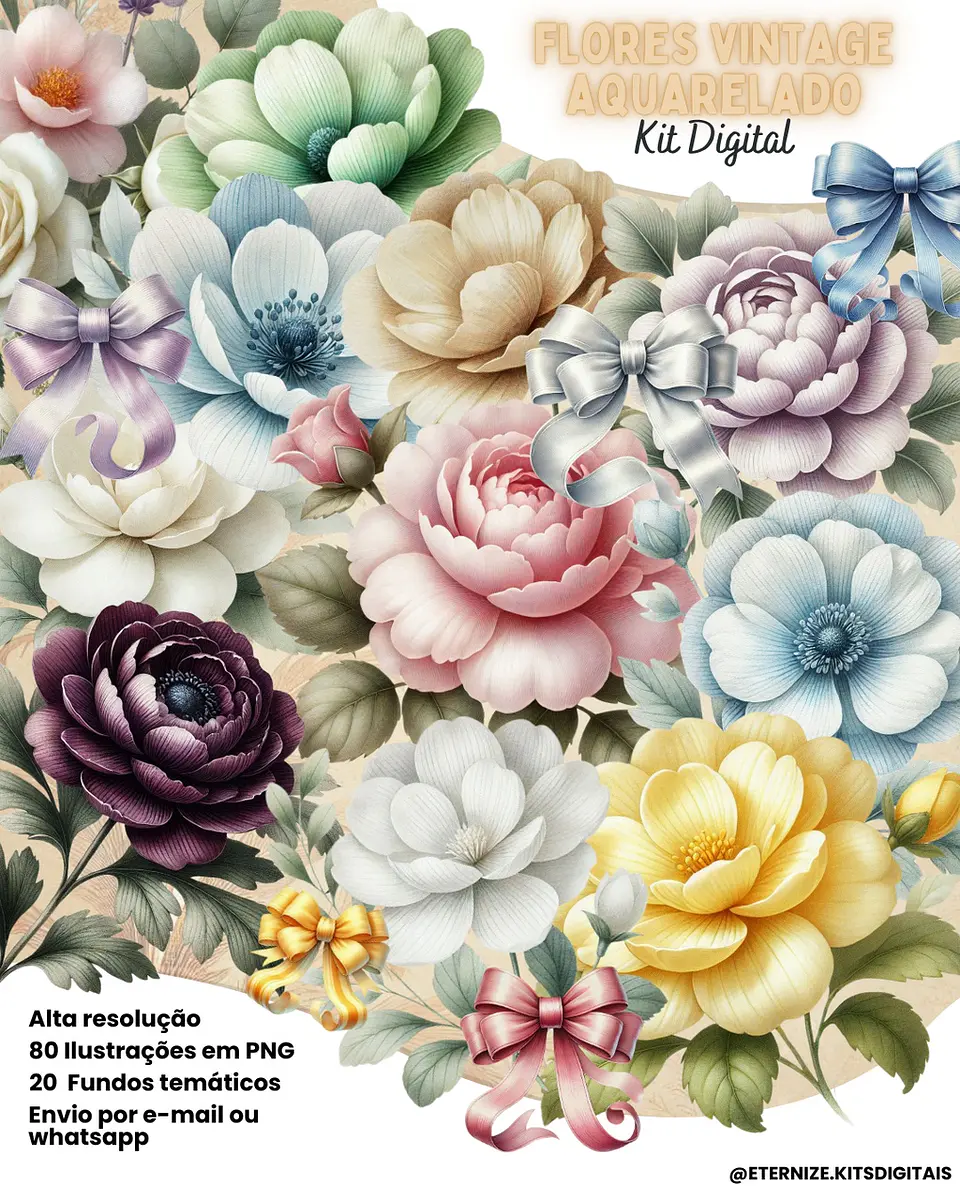 Kit Digital Flores Vintage Aquarelado 43 1