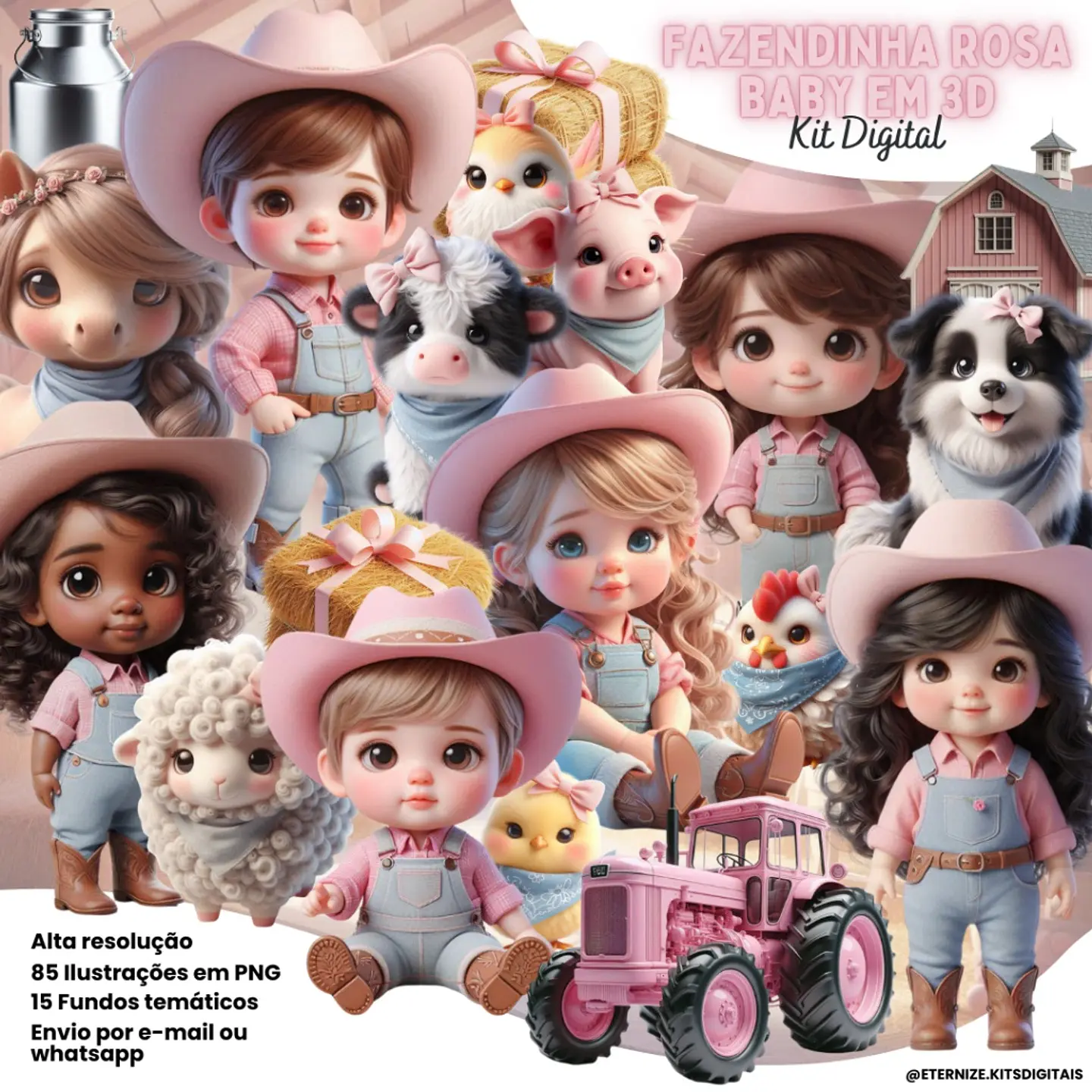 Kit Digital Fazendinha Rosa Baby 3d 38 1
