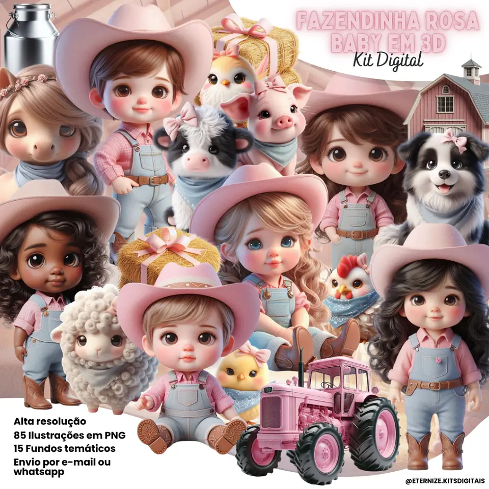 Kit Digital Fazendinha Rosa Baby 3d 38 1