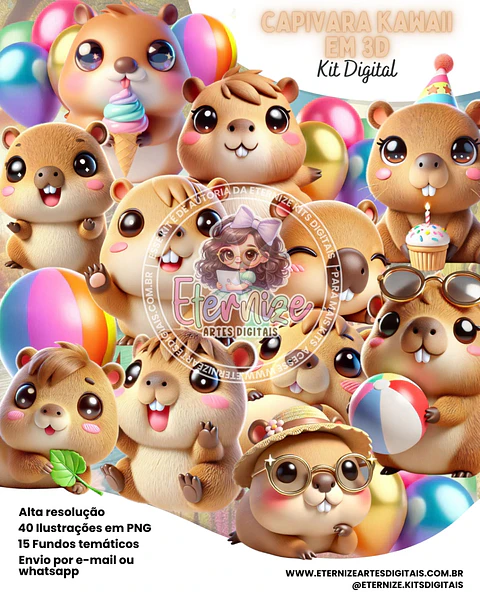 Kit Digital Capivara Kawaii 3d 28