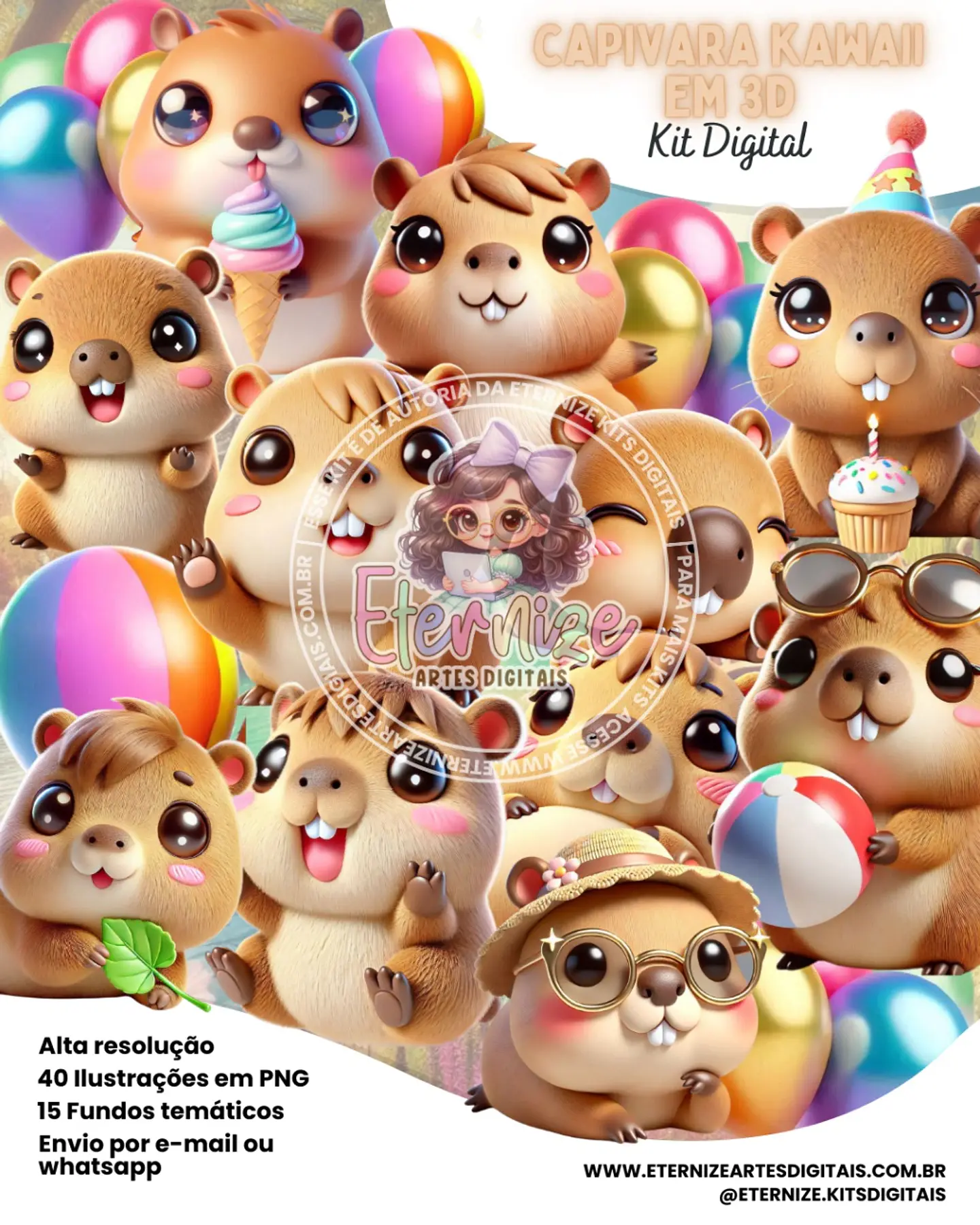 Kit Digital Capivara Kawaii 3d 28 1
