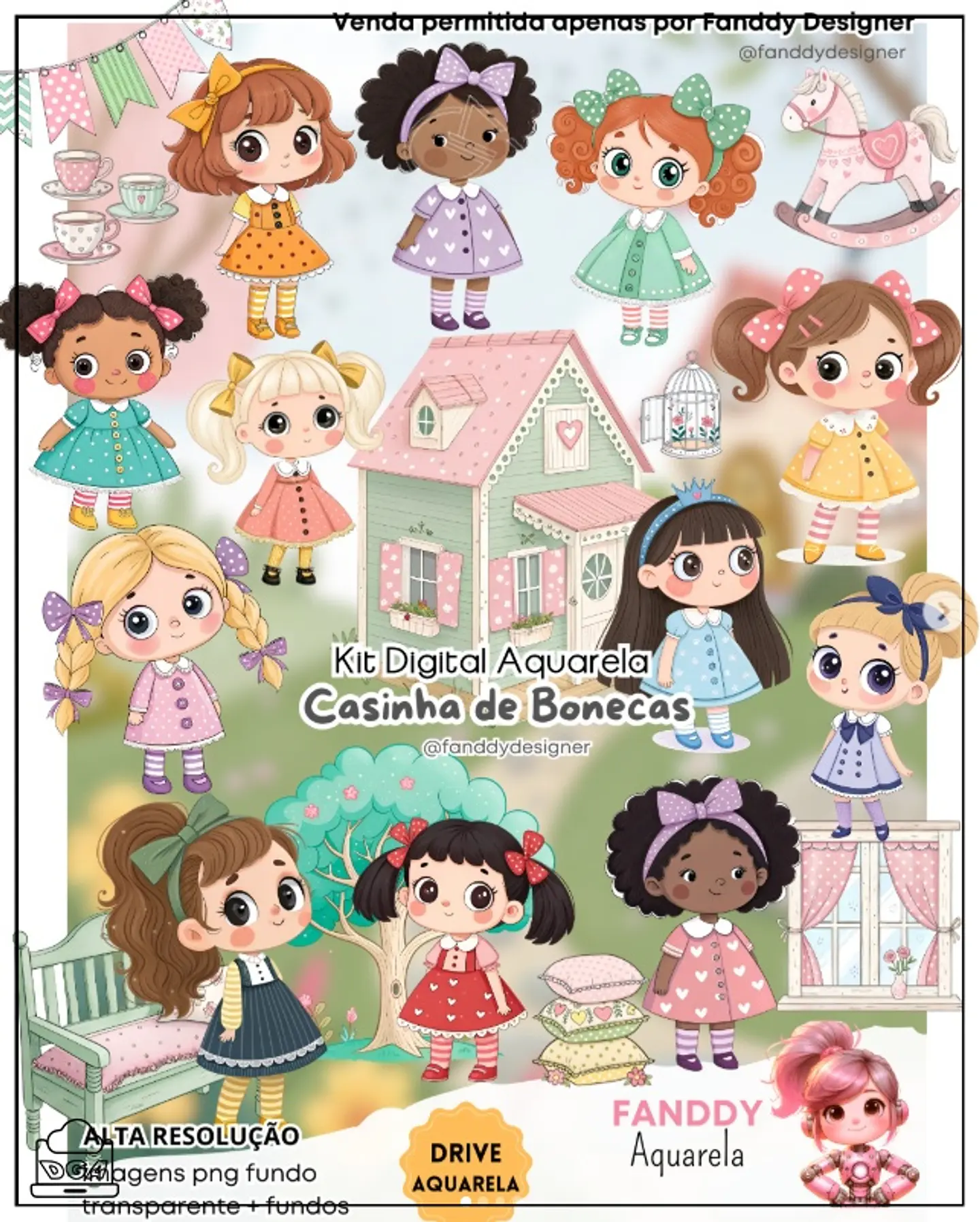 Kit Digital Casinha de Bonecas Aquarela 68 1