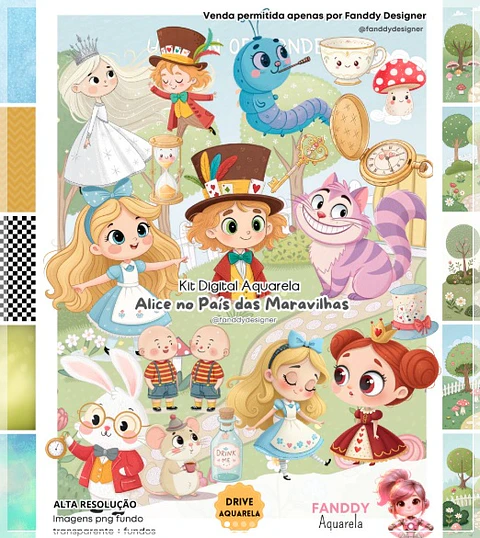 Kit Digital Alice No Pais das Maravilhas Aquarela 14