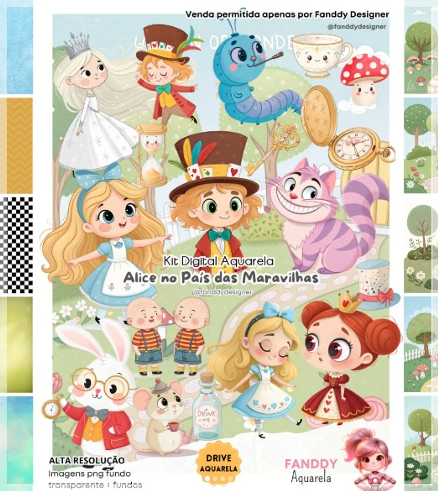 Kit Digital Alice No Pais das Maravilhas Aquarela 14 1