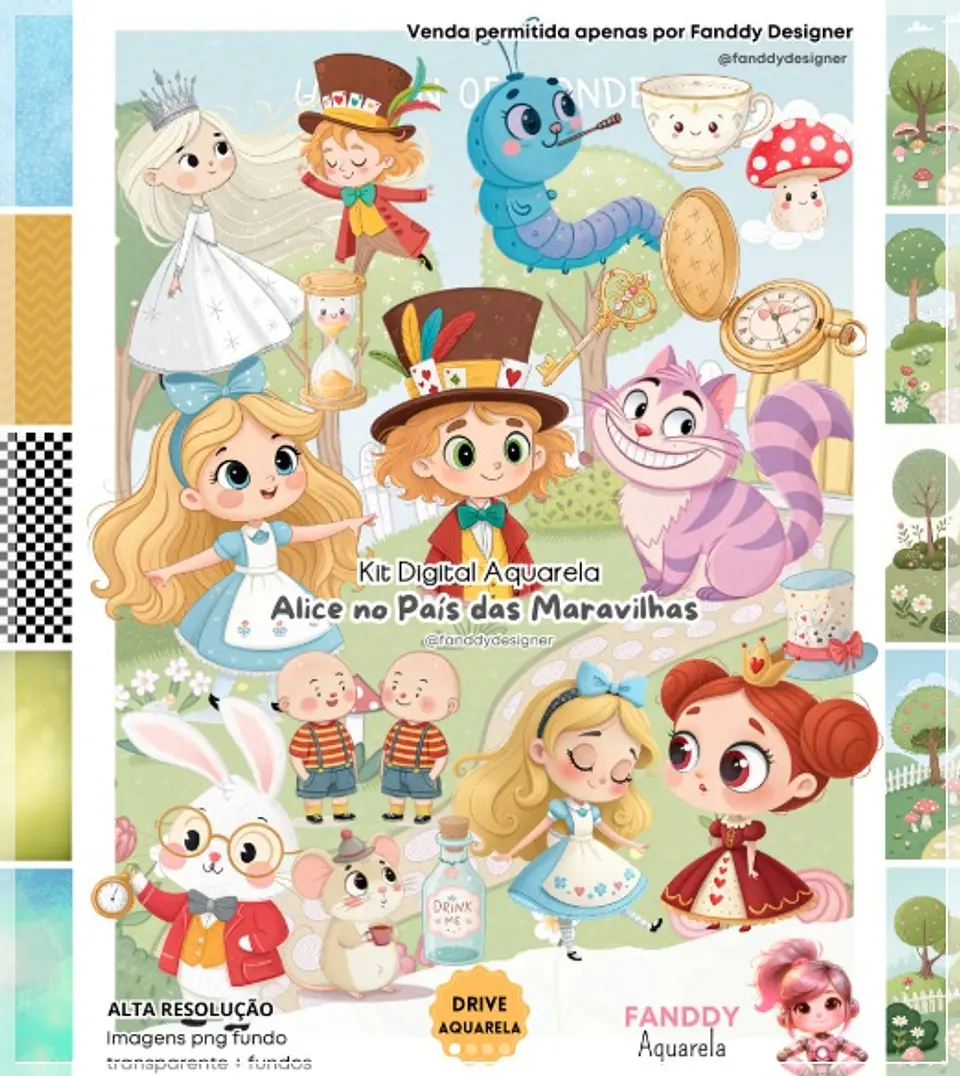 Kit Digital Alice No Pais das Maravilhas Aquarela 14 1