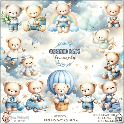 Kit Digital Ursinho Baby Aquarela 96